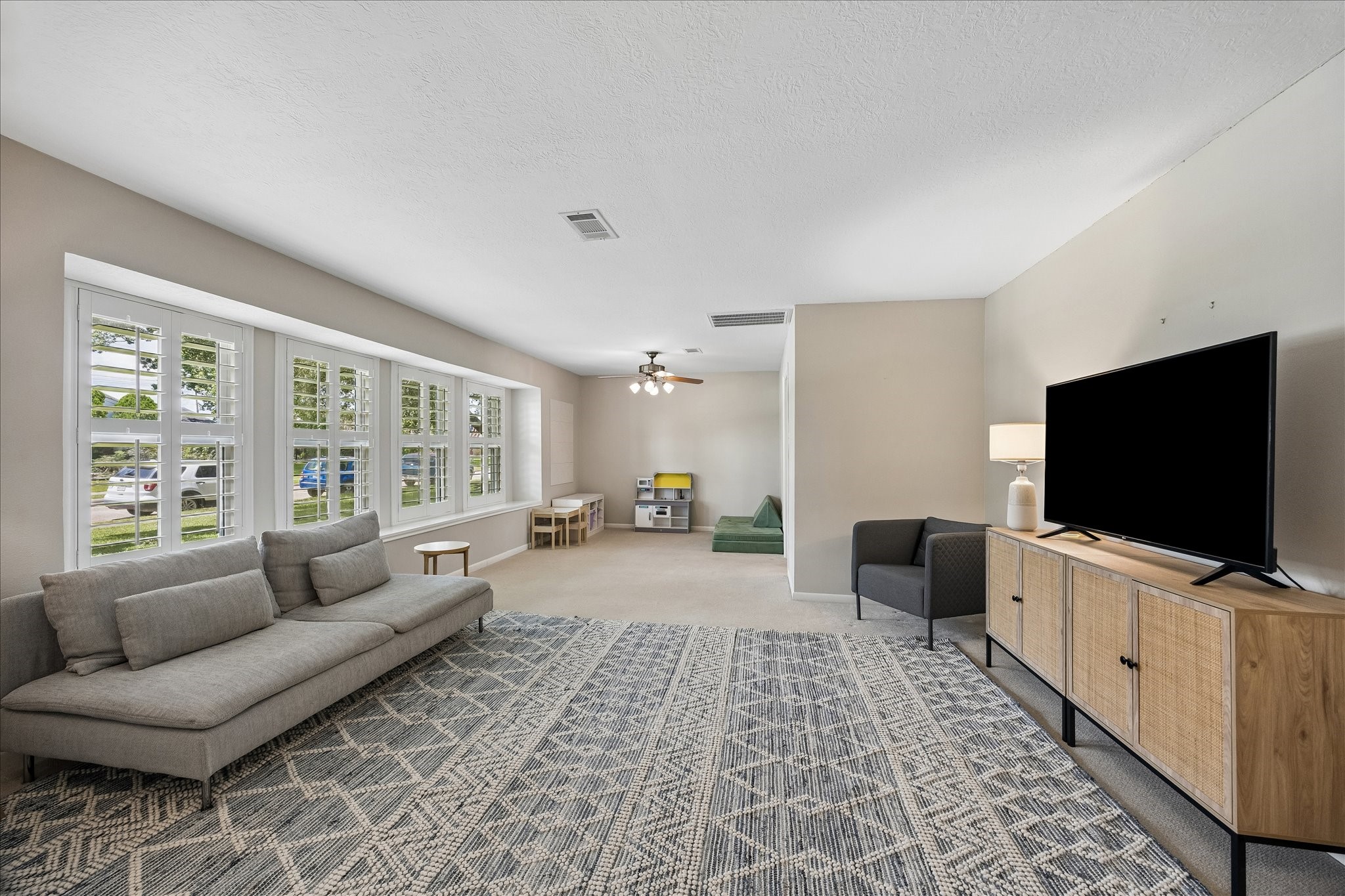 The  large living area is in the front of the home.