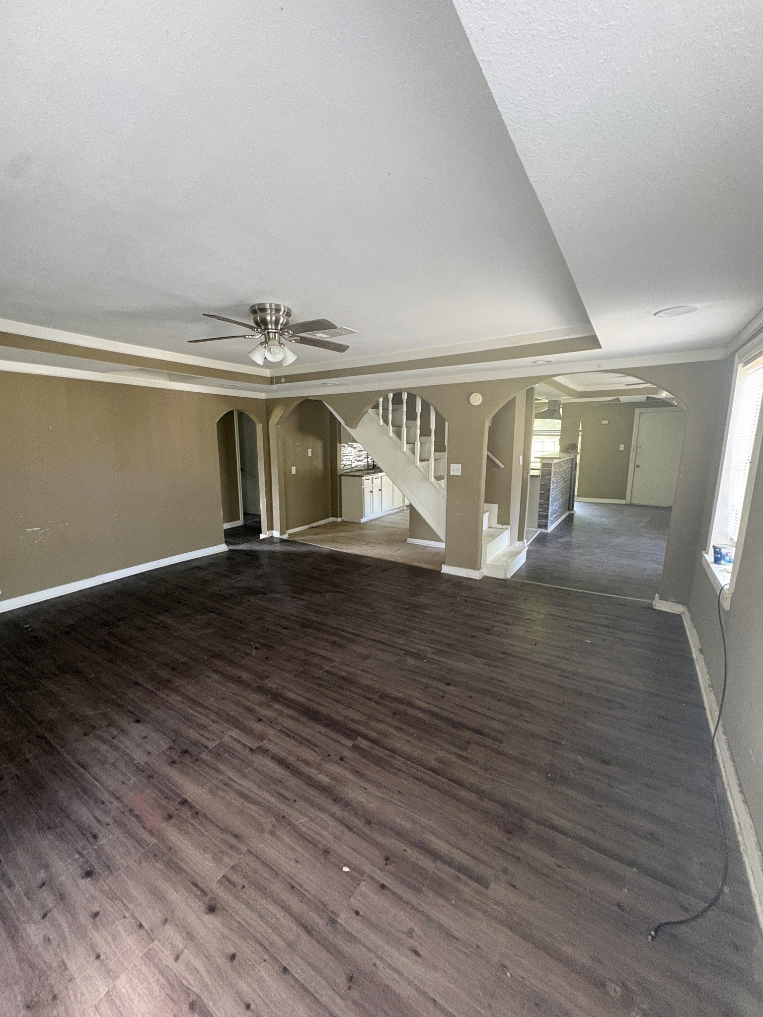 This reverse view shows the living area and the interior staircase. This reverse view shows the living area and the interior staircase.