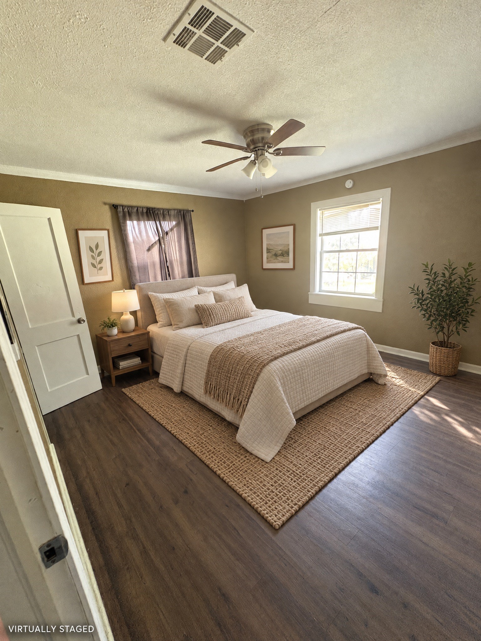Virtually staged: cream bedding and a compact nightstand illustrate a bedroom arrangement. Virtually staged: cream bedding and a compact nightstand illustrate a bedroom arrangement.