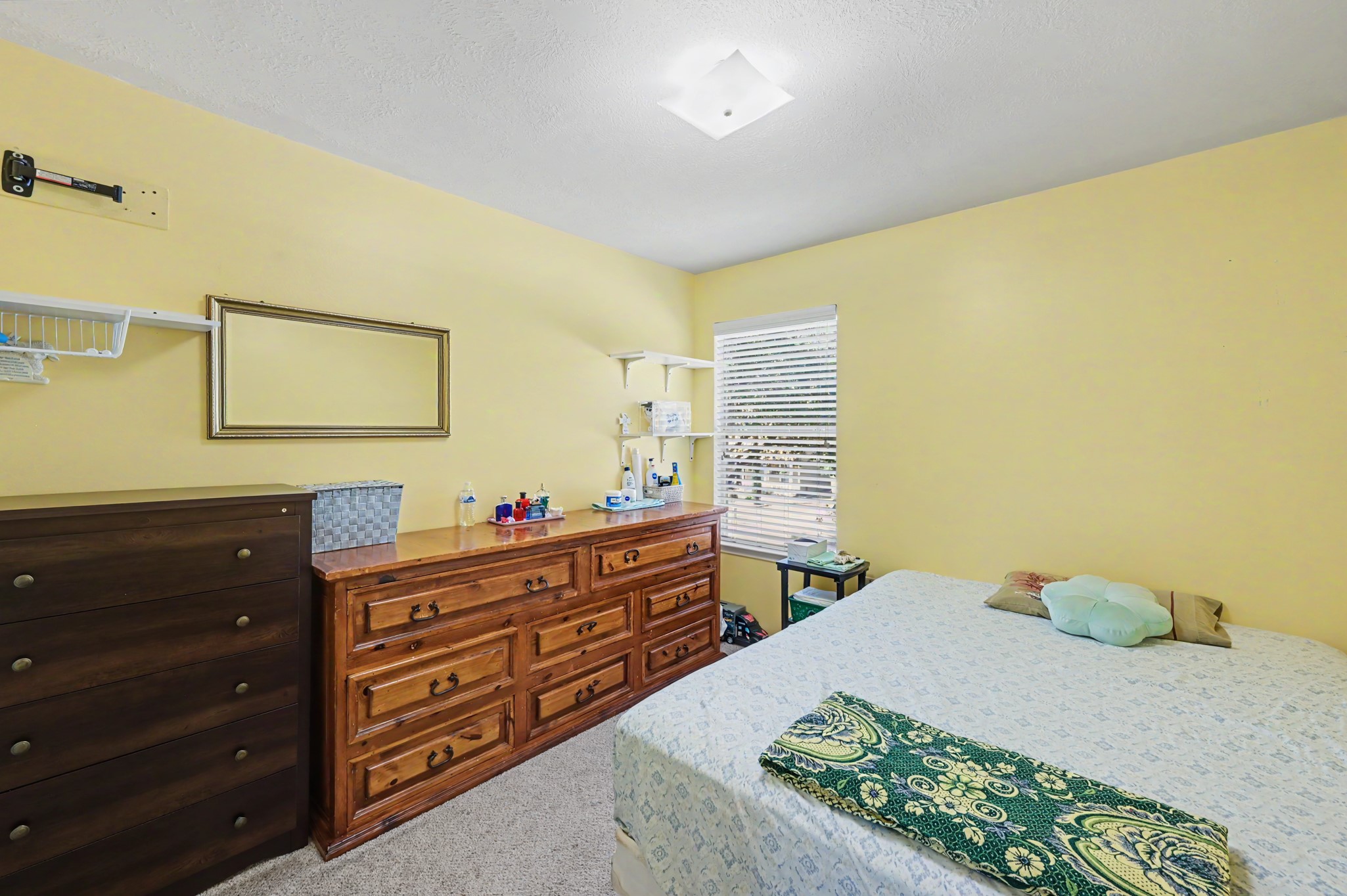 Bedroom with cozy carpet, and abundant natural light, perfect for relaxation.