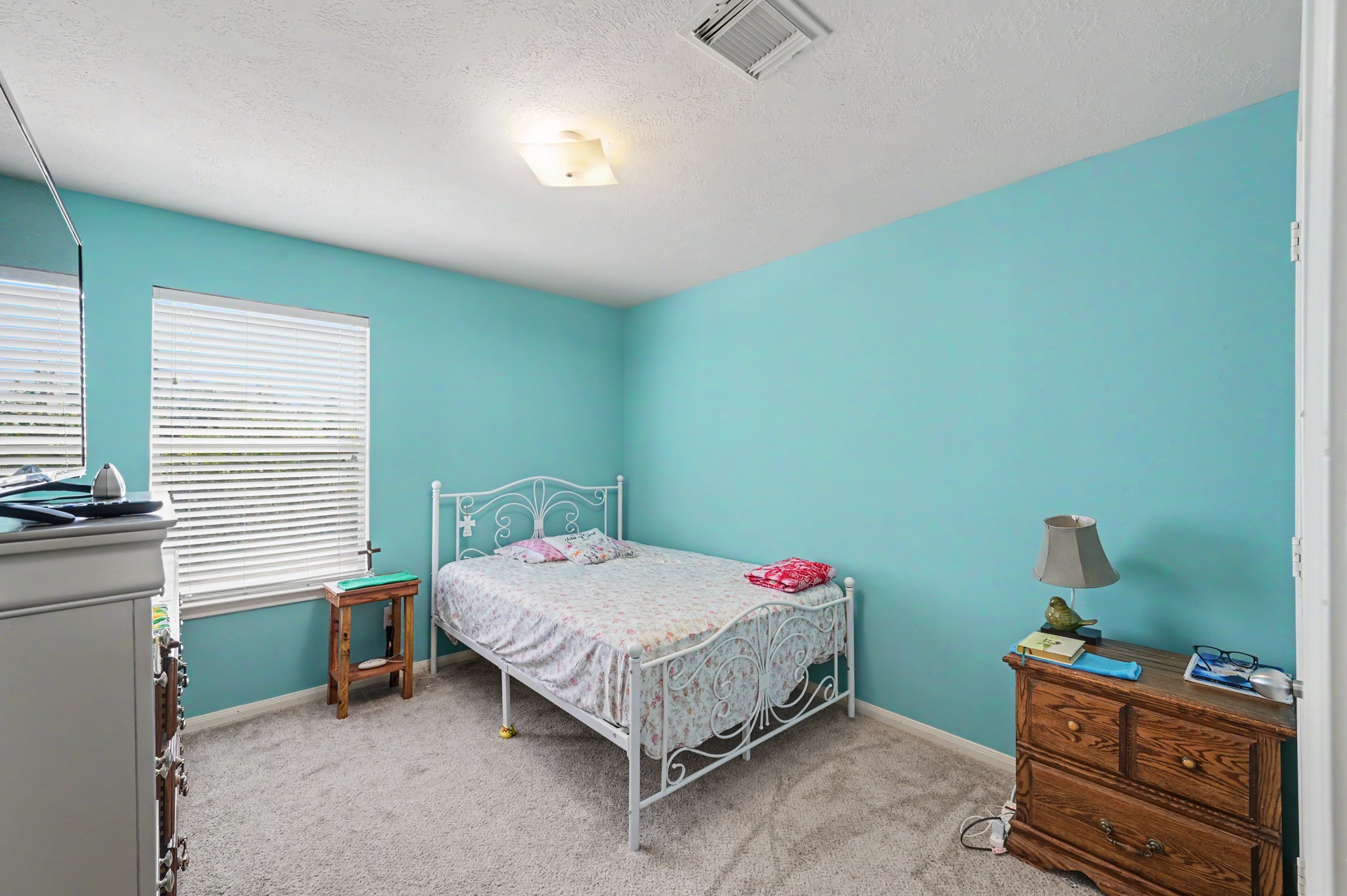 Bedroom with cozy carpet, and abundant natural light from dual windows, perfect for relaxation.
