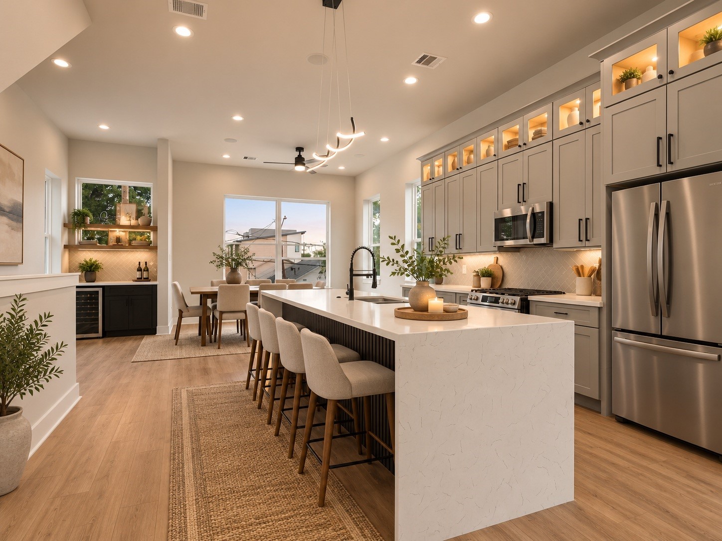 The dining area offers a natural setting for shared meals and entertaining, bringing modern style and everyday functionality together. Virtually staged.