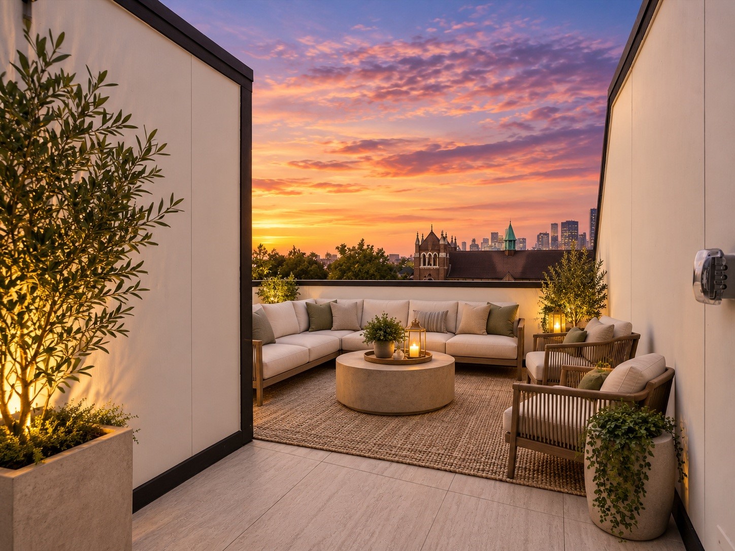 Take in sweeping views of the Houston skyline from the private rooftop terrace, an exceptional outdoor space for unwinding, enjoying the cityscape, or entertaining. Virtually staged and enhanced twilight views.