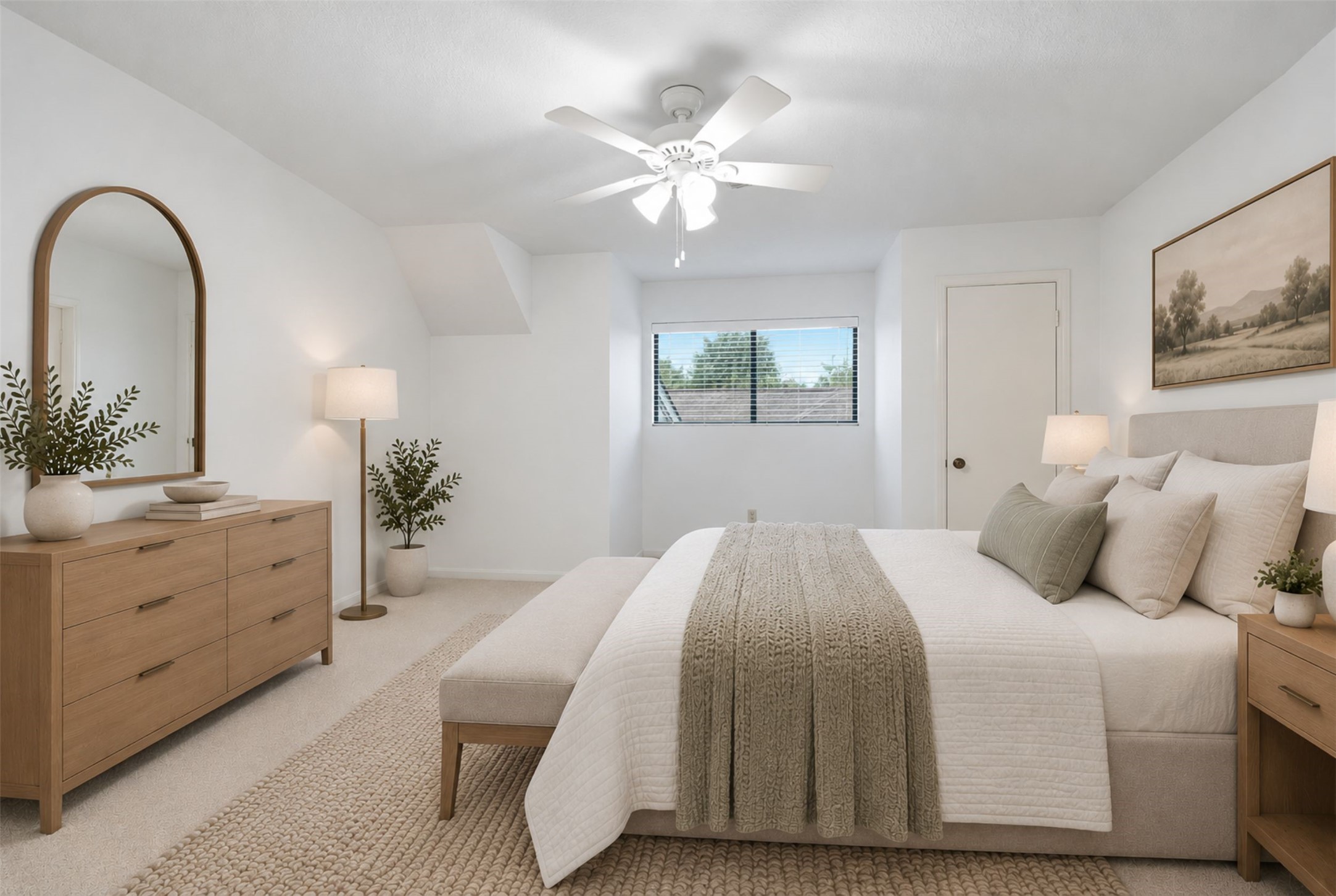 Experience serene comfort in this bedroom, featuring soft neutral tones, elegant furnishings, and abundant natural light. (Virtual Staging)