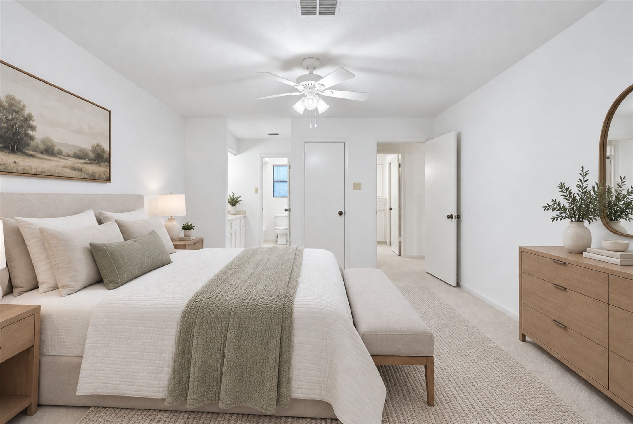 A beautiful bedroom exuding tranquility with neutral tones, elegant furnishings, and abundant natural light. (Virtual Staging)