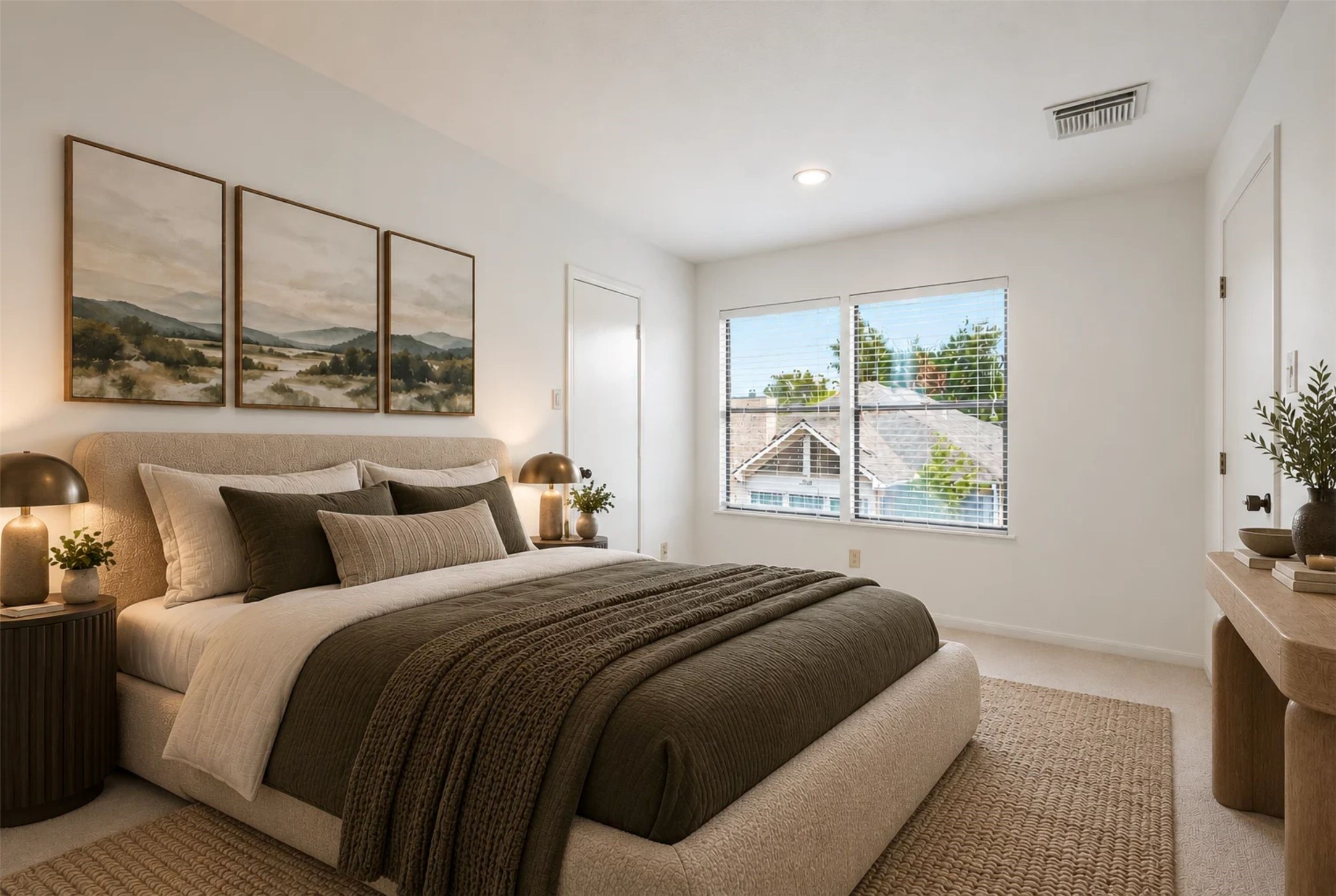 Experience serene comfort in this nice bedroom, featuring abundant natural light through large windows. (Virtual Staging)