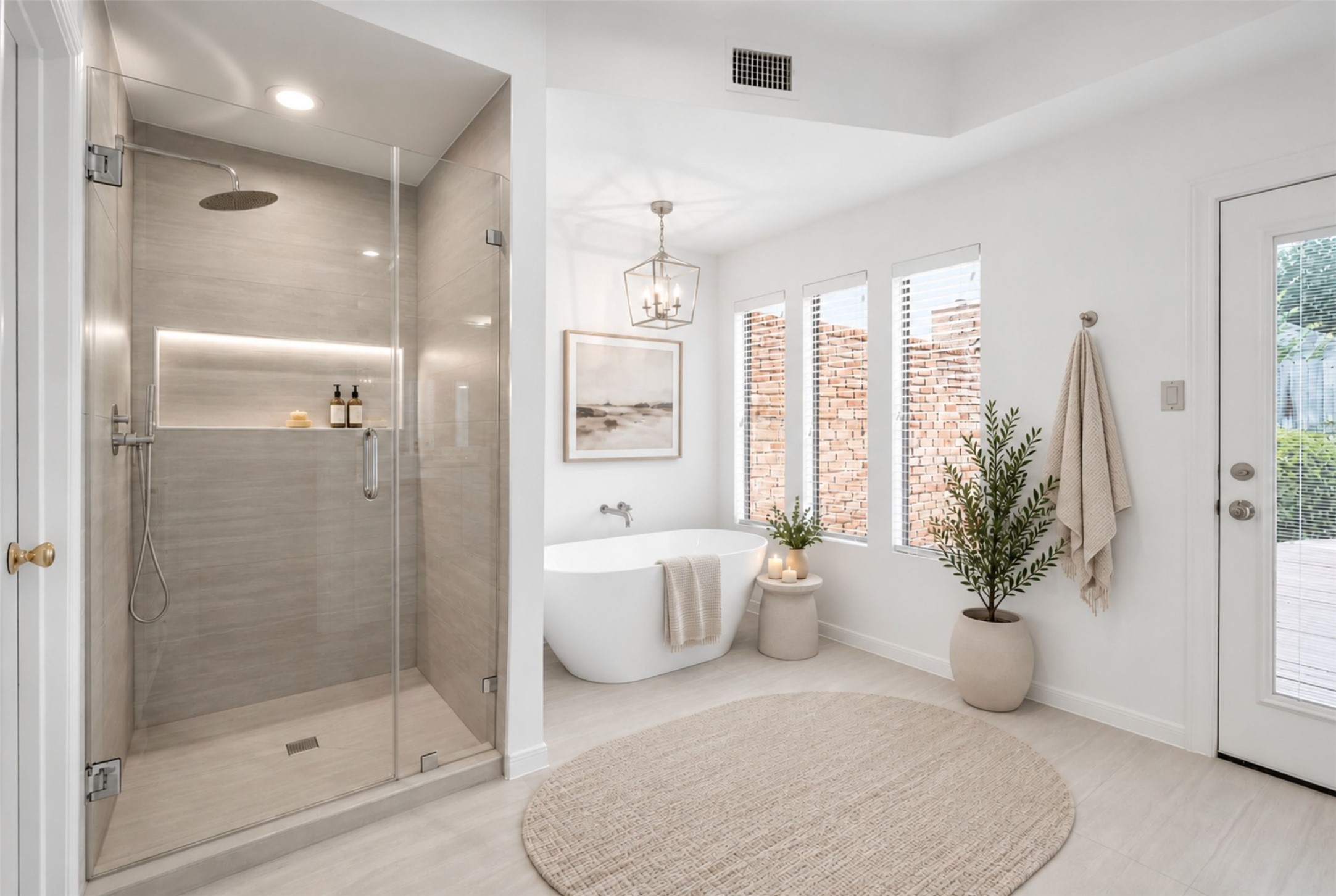 Experience luxury in this spacious bathroom featuring a sleek glass-enclosed shower, a modern freestanding tub, and abundant natural light from large windows. (Virtual Staging)