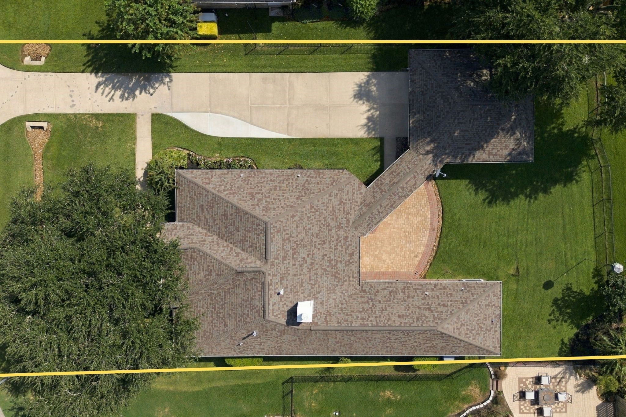 This aerial view looks directly down onto the property, highlighting the extended driveway, spacious back Patio, and expansive yard with plenty of room to add a pool and create your own private outdoor oasis. The property lines are approximate and not guaranteed.