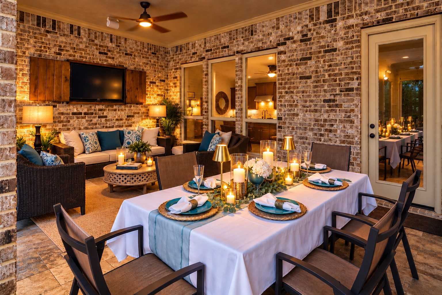 Imagine unforgettable evenings under the stars, surrounded by the warmth of family and friends! This spectacular covered outdoor living space transforms everyday entertaining into a resort-inspired experience. Elegant candlelit dining, inviting lounge seating, and beautiful brick architectural details create the perfect atmosphere for intimate dinners or lively celebrations. Just steps from the private backyard pool oasis, this exceptional retreat invites you to relax & make lasting memories.Virtually stage