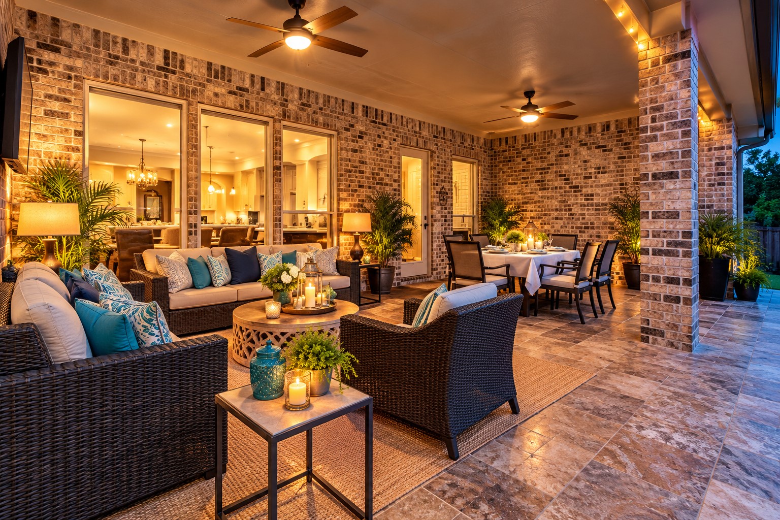 Where luxurious outdoor living meets unforgettable entertaining! This spectacular covered patio invites you to relax in style, featuring beautiful brick detailing, warm ambient lighting, and inviting lounge and dining areas. Whether hosting elegant dinner parties, enjoying cocktails with friends, or simply unwinding after a long day, this exceptional outdoor retreat offers the perfect setting for making lasting memories beside your private backyard pool oasis.virtually enhanced