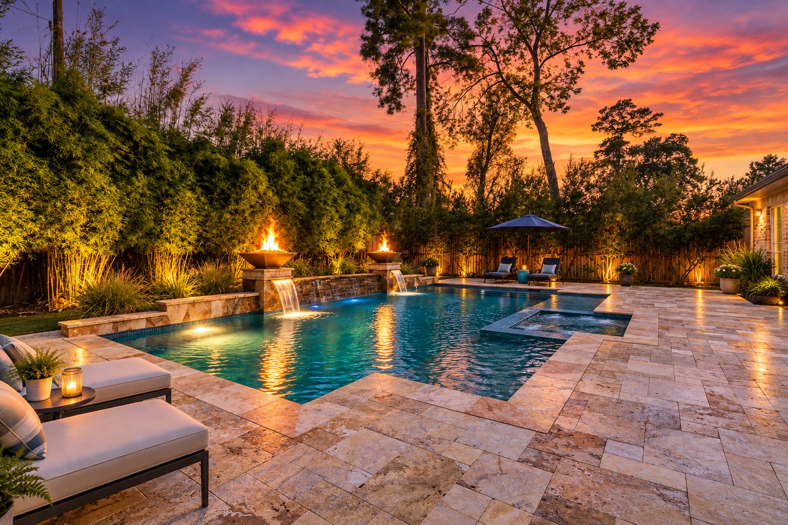 Your own private paradise, where every sunset feels like a luxury resort getaway!Cascading waterfalls, dramatic fire features, shimmering pool waters, and lush landscaping create an unforgettable atmosphere of tranquility and elegance. Whether hosting magical evenings with friends or enjoying peaceful moments under the stars, this extraordinary backyard offers the ultimate resort-inspired lifestyleright at home! Virtually staged sky and lighting around pool