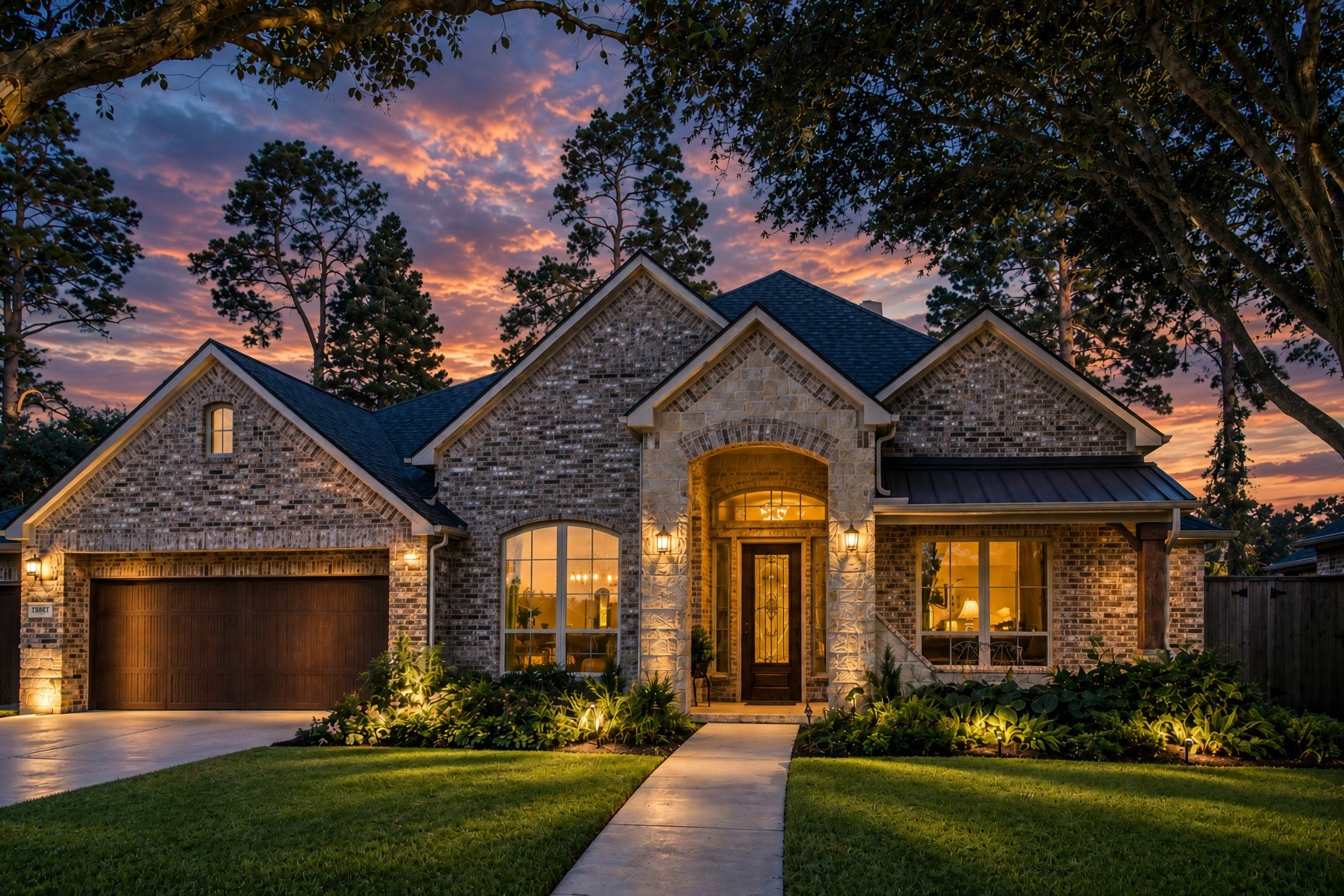 Architectural Elegance That Makes a Lasting Impression! A closer look reveals the exceptional brick craftsmanship, intricate masonry patterns, and beautiful natural stone accents that give this luxury home its distinctive character. The dramatic arched entry, elegant exterior lighting, and richly detailed rooflines create timeless curb appeal. Complete with a spacious three-car garage, this stunning residence beautifully combines architectural sophistication with everyday functionality.