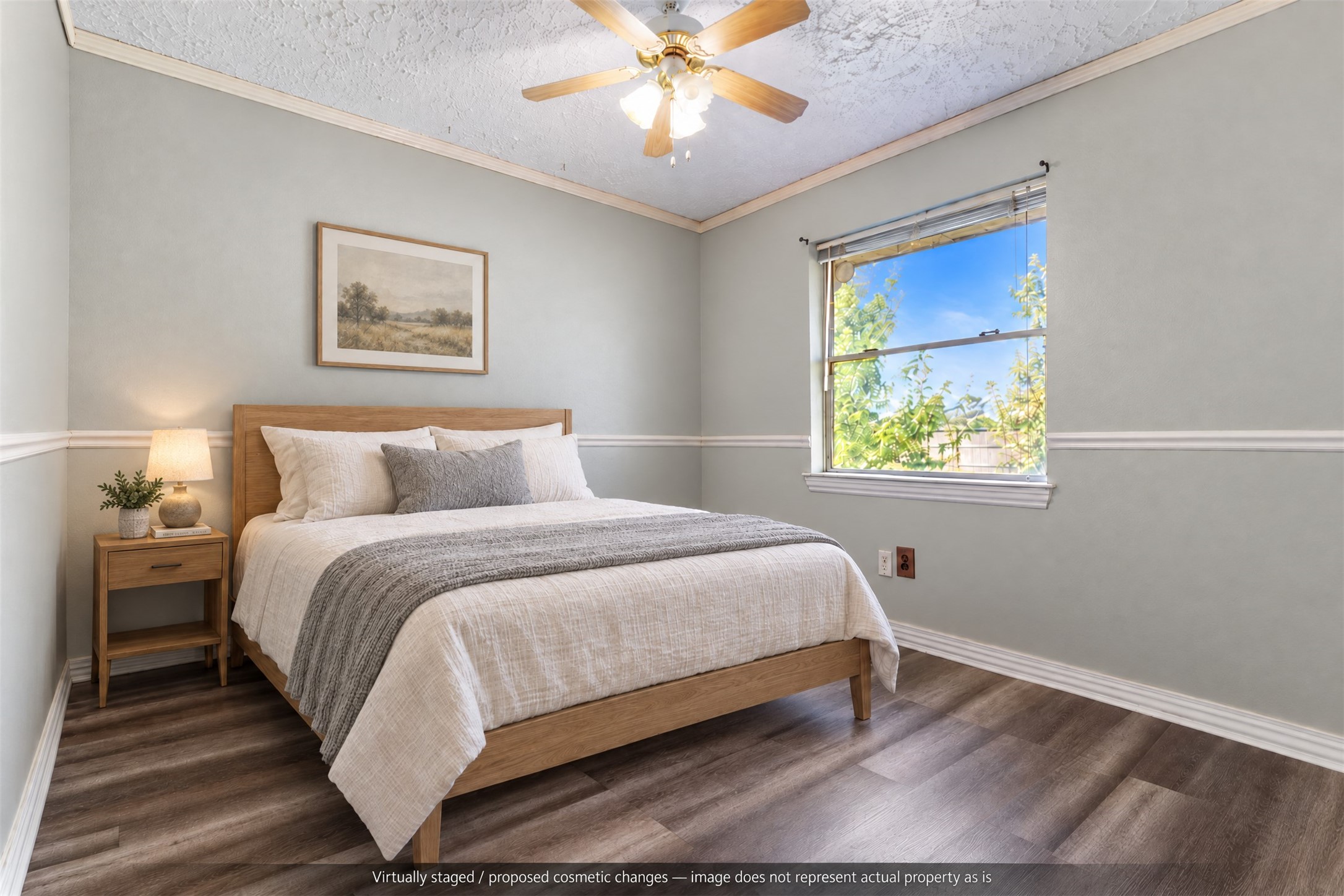 Virtually staged. Neutral furnishings complement the historical green room's existing chair rail and plank flooring.