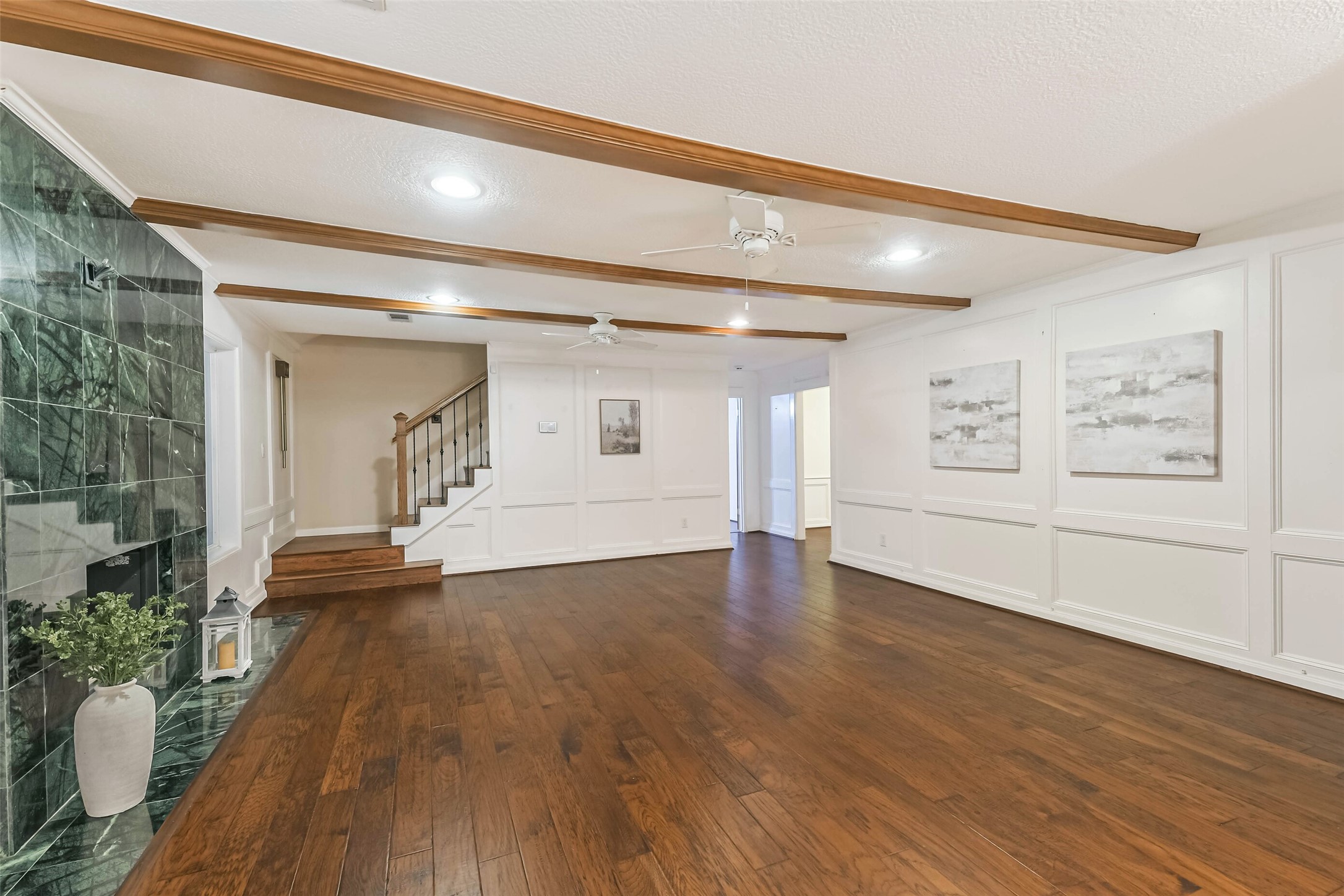 Wood floors and custom paneling. Wood floors and custom paneling.