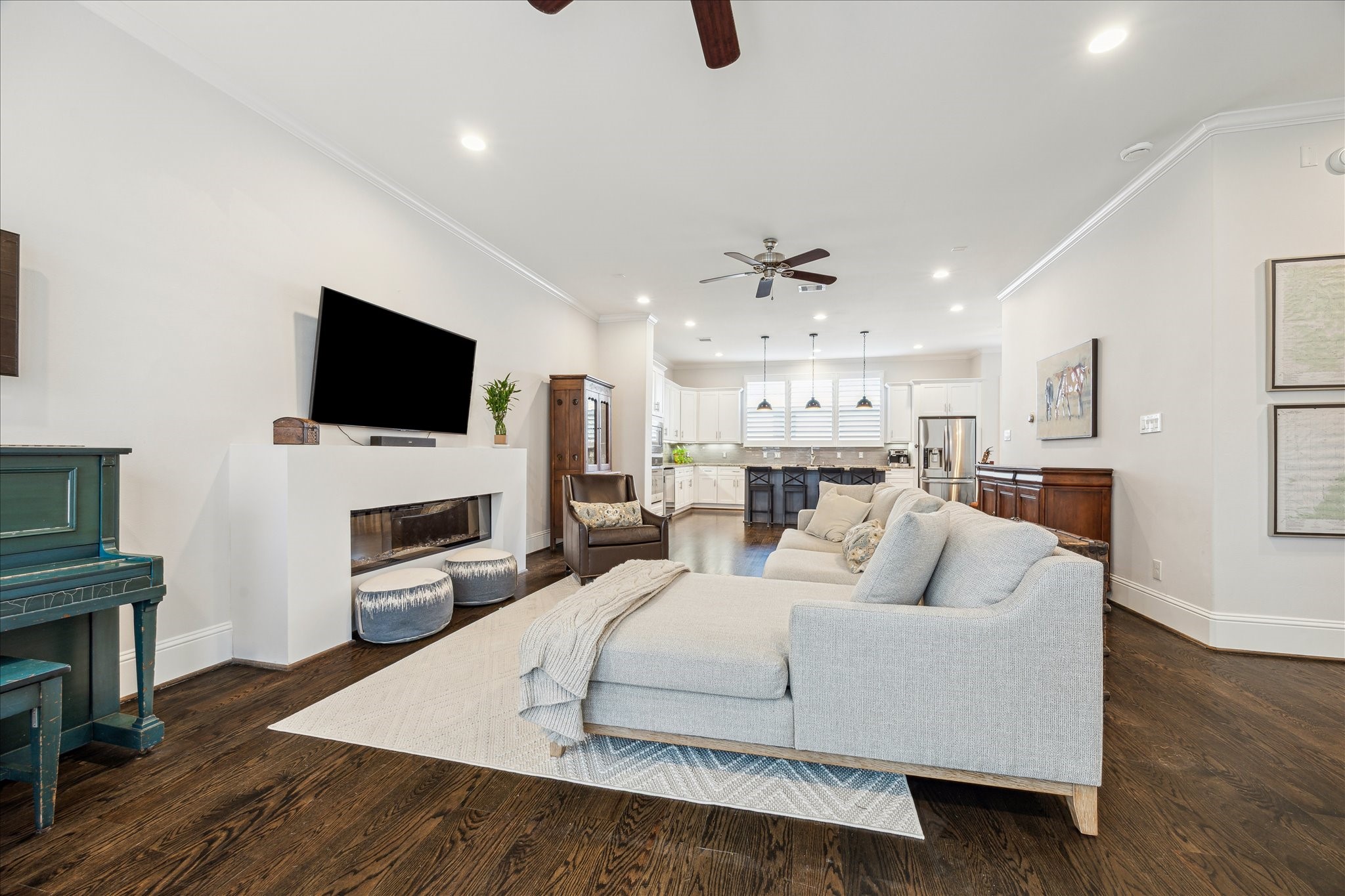 A spacious living room with a fireplace