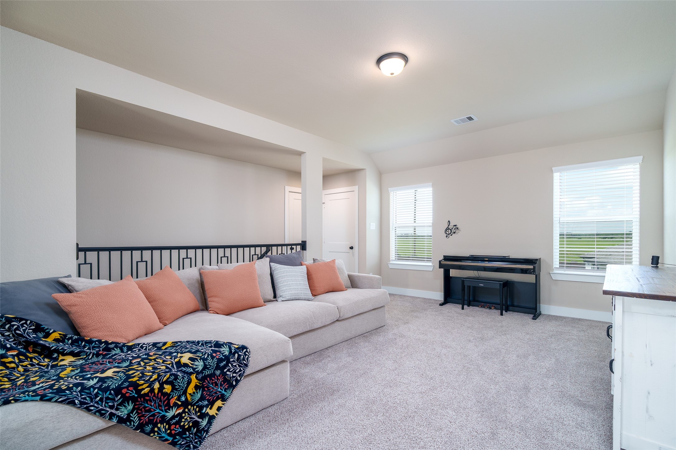 The game room offers a vibrant space to relax or entertain, featuring custom paint, plush carpet, and windows with privacy blinds to control light and ambiance.