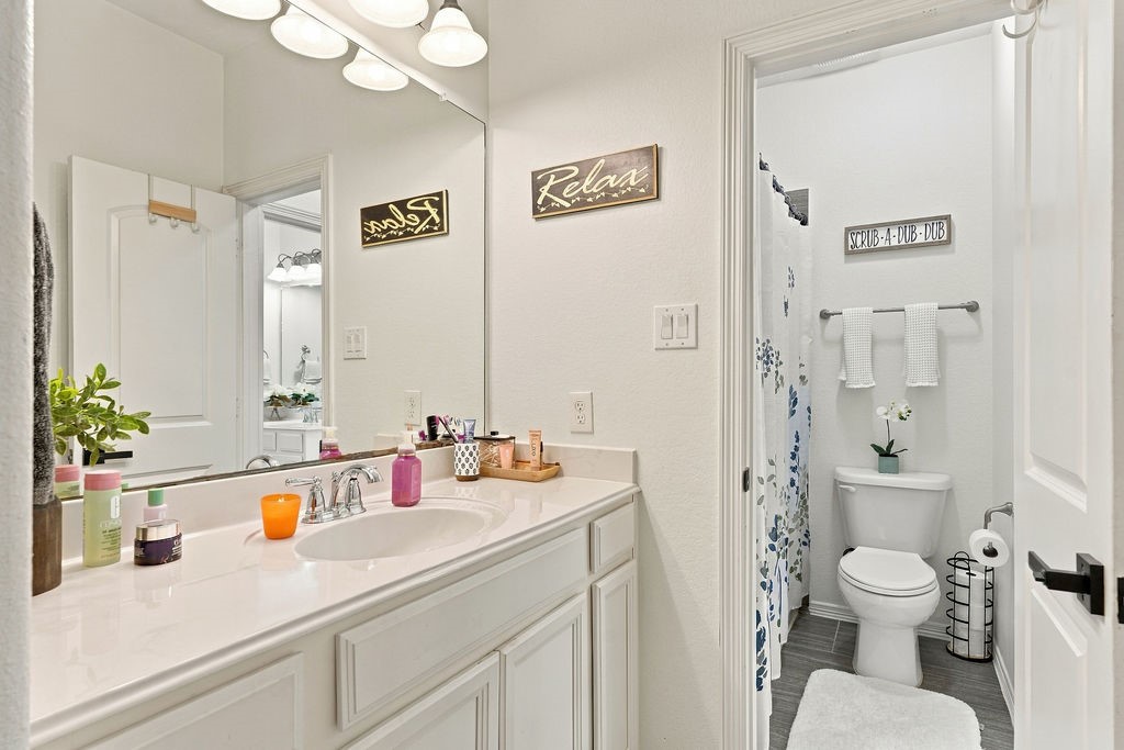 Bright and inviting bathroom featuring a spacious vanity with ample counter space, modern fixtures, and a separate toilet area with charming decor.