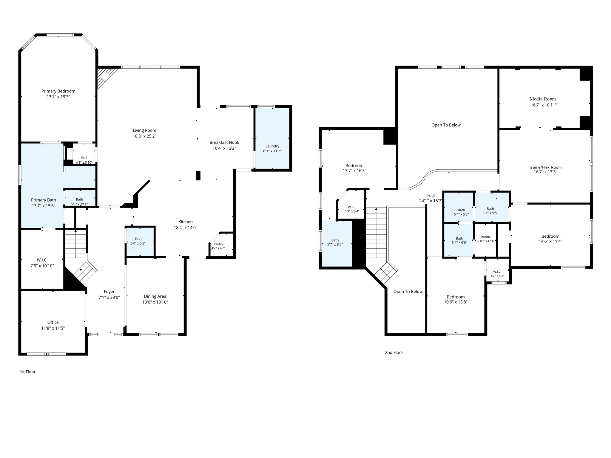 This spacious two-story home features a large primary suite on the main floor, a modern kitchen with a breakfast nook, and multiple living areas including a media and game room upstairs. Ample bedrooms, baths, and storage, including walk-in closets, offer convenience and comfort.