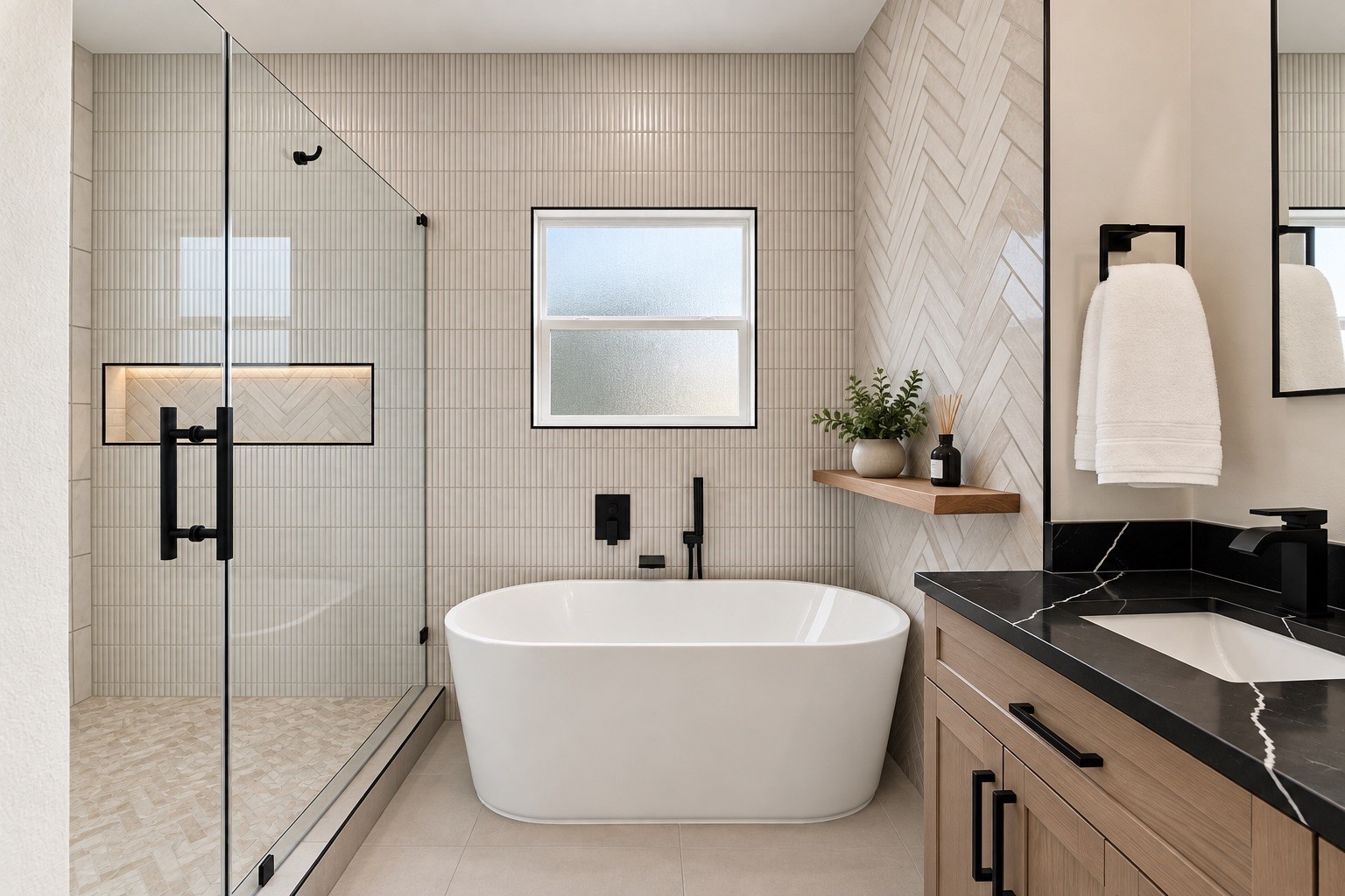Boutique ensuite setup  luxurious wet room setup with walk-in shower and separate tub for ultimate pampering.