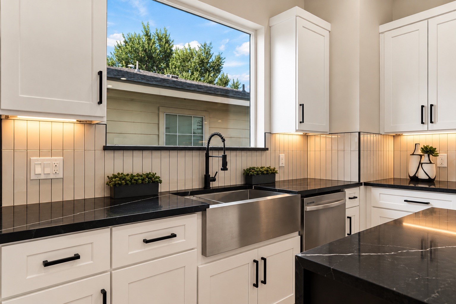 High-end cleanup setup  deep stainless apron sink paired with commercial-style faucet makes kitchen prep fun.