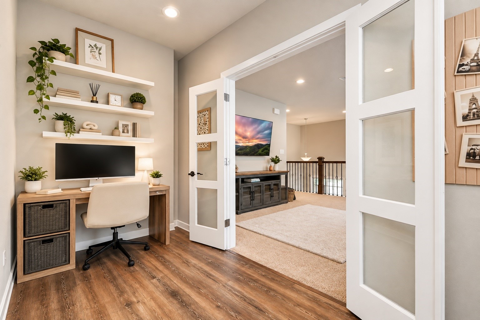 Another view of the private study showcasing its spacious layout, decorative shelving, and convenient location near the main living areas.
