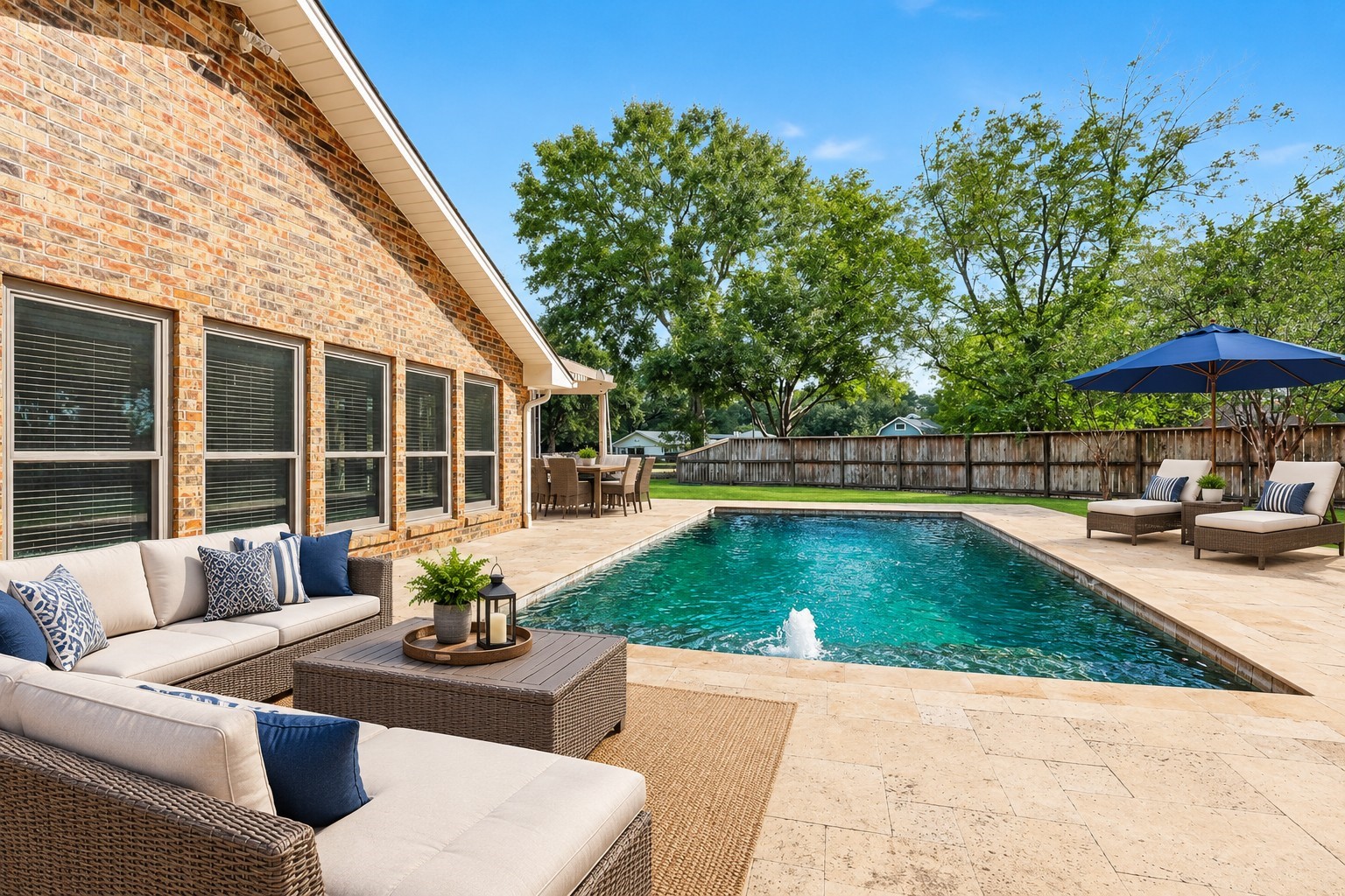 Virtually Staged: Large, Fully-Fenced Back Yard with Dark Blue In-Ground Gunite Pool with Fountain & Sprays.