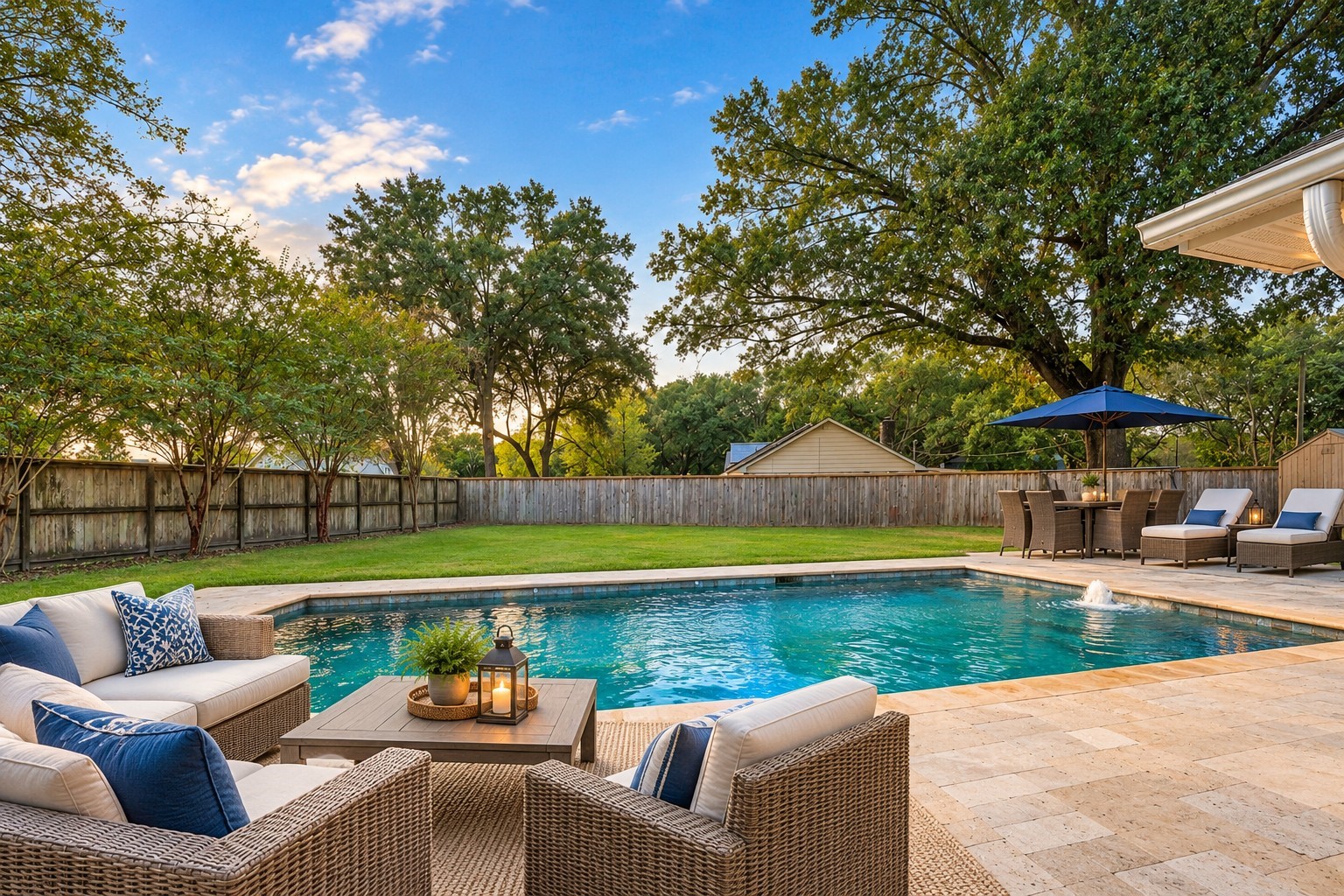 Virtually Staged: Large, Fully-Fenced Back Yard with Dark Blue In-Ground Gunite Pool with Fountain & Sprays.