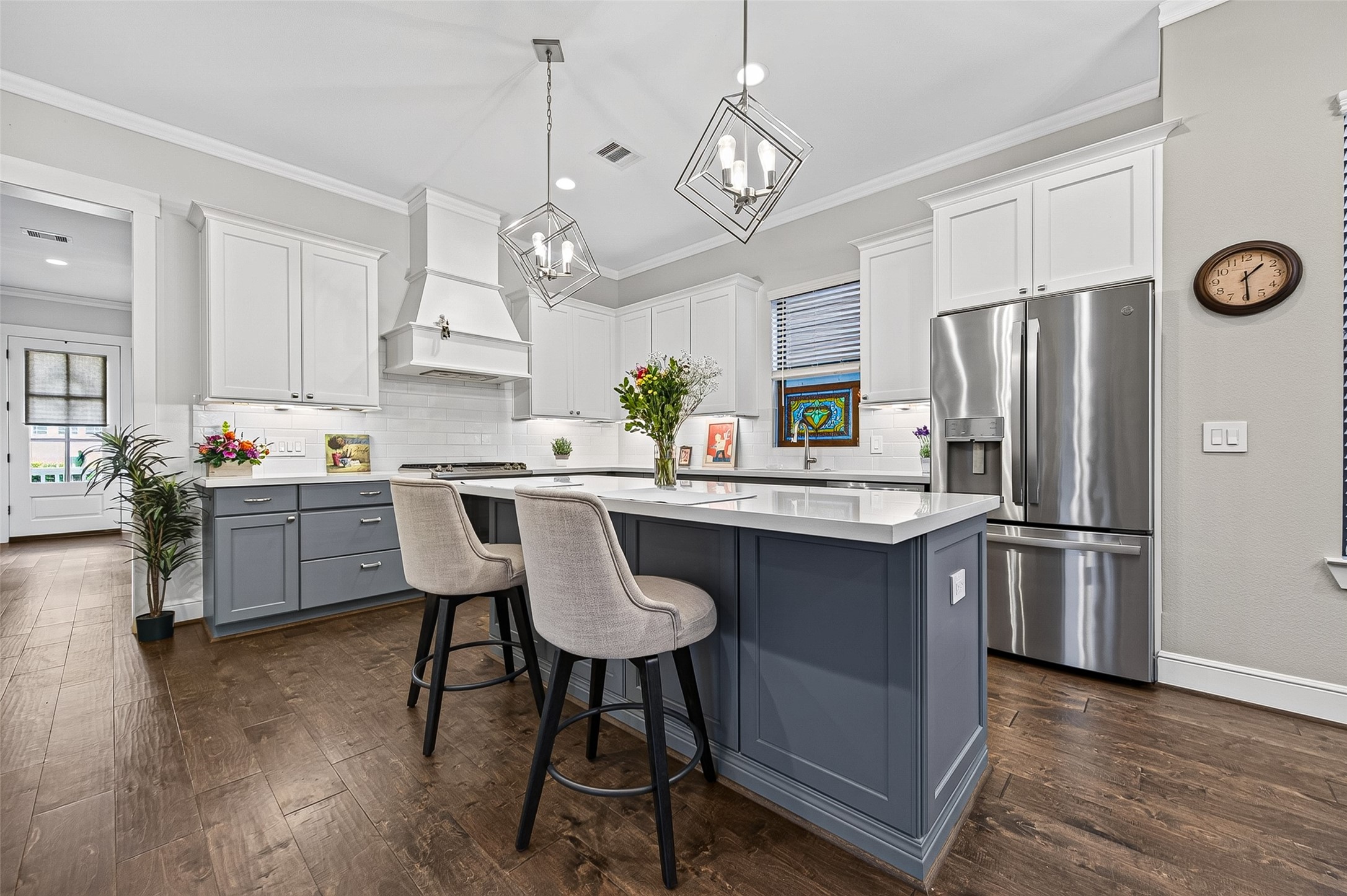 View from the dining area shows ample room for island seating.
