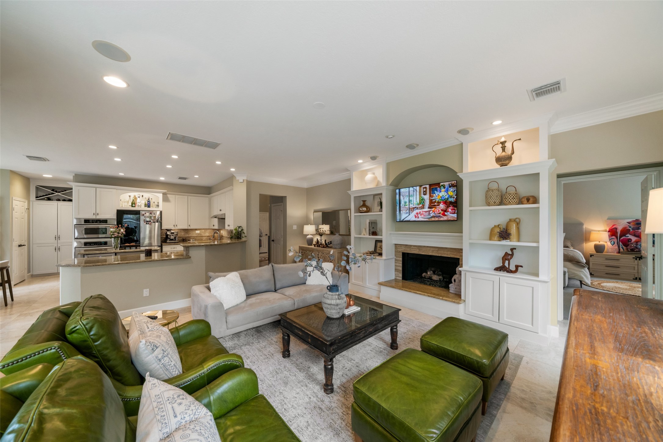 Surround sound, soft accent lights, and bright open windows.