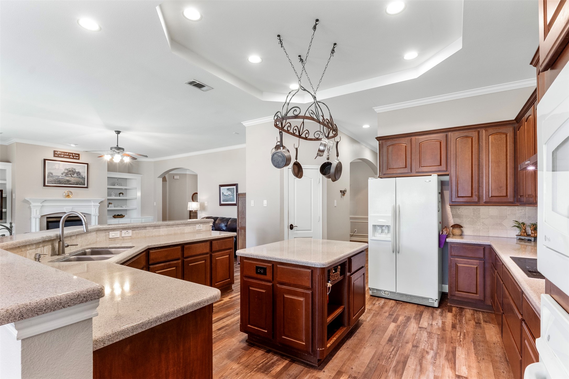 The spacious kitchen has plenty of counter and cabinet space.