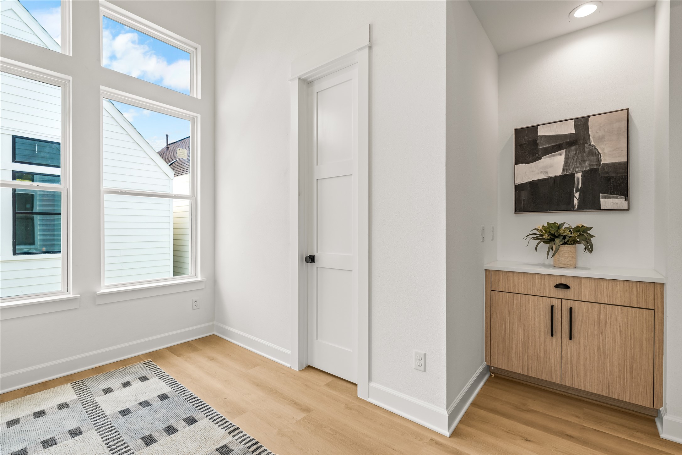 Primary bedroom nook with built-in console  the thoughtful details Drafthouse is known for