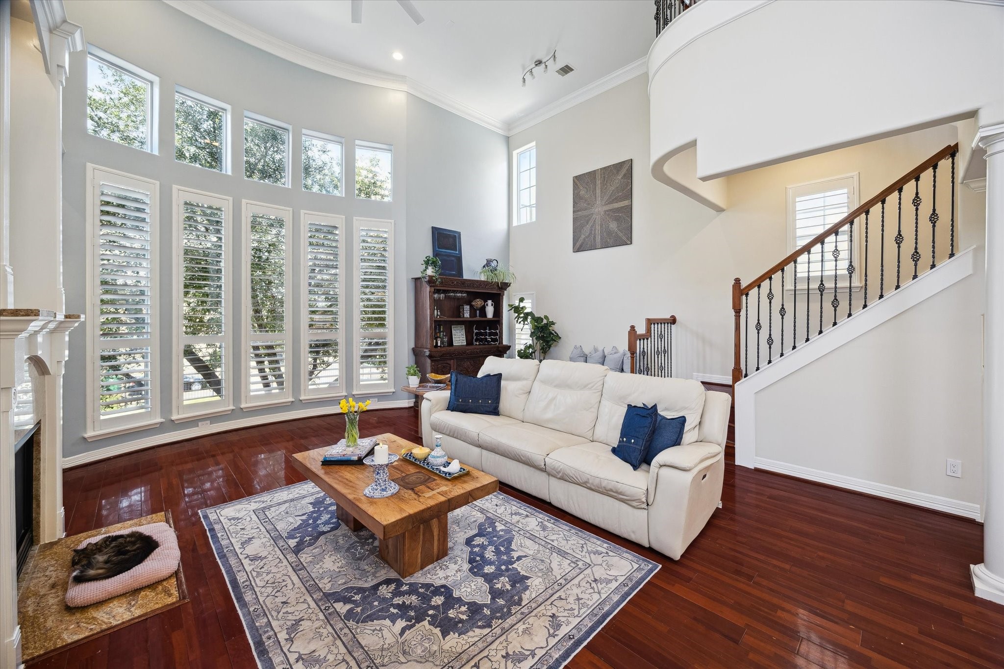 This inviting living room features high ceilings, large windows with Plantation blinds, and rich wooden floors. The elegant staircase adds a touch of sophistication.