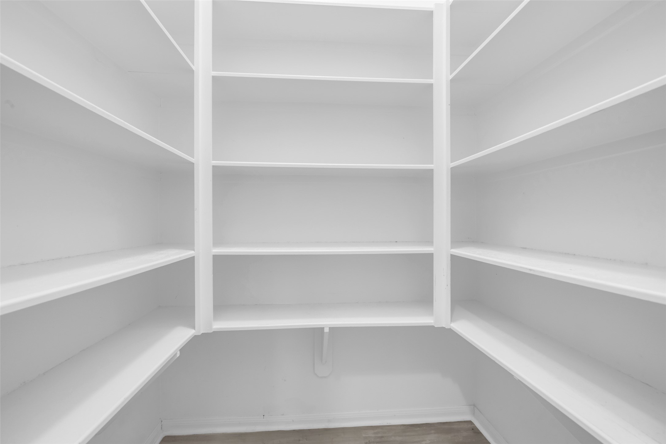 Spacious walk-in pantry with ample shelving for organized storage.