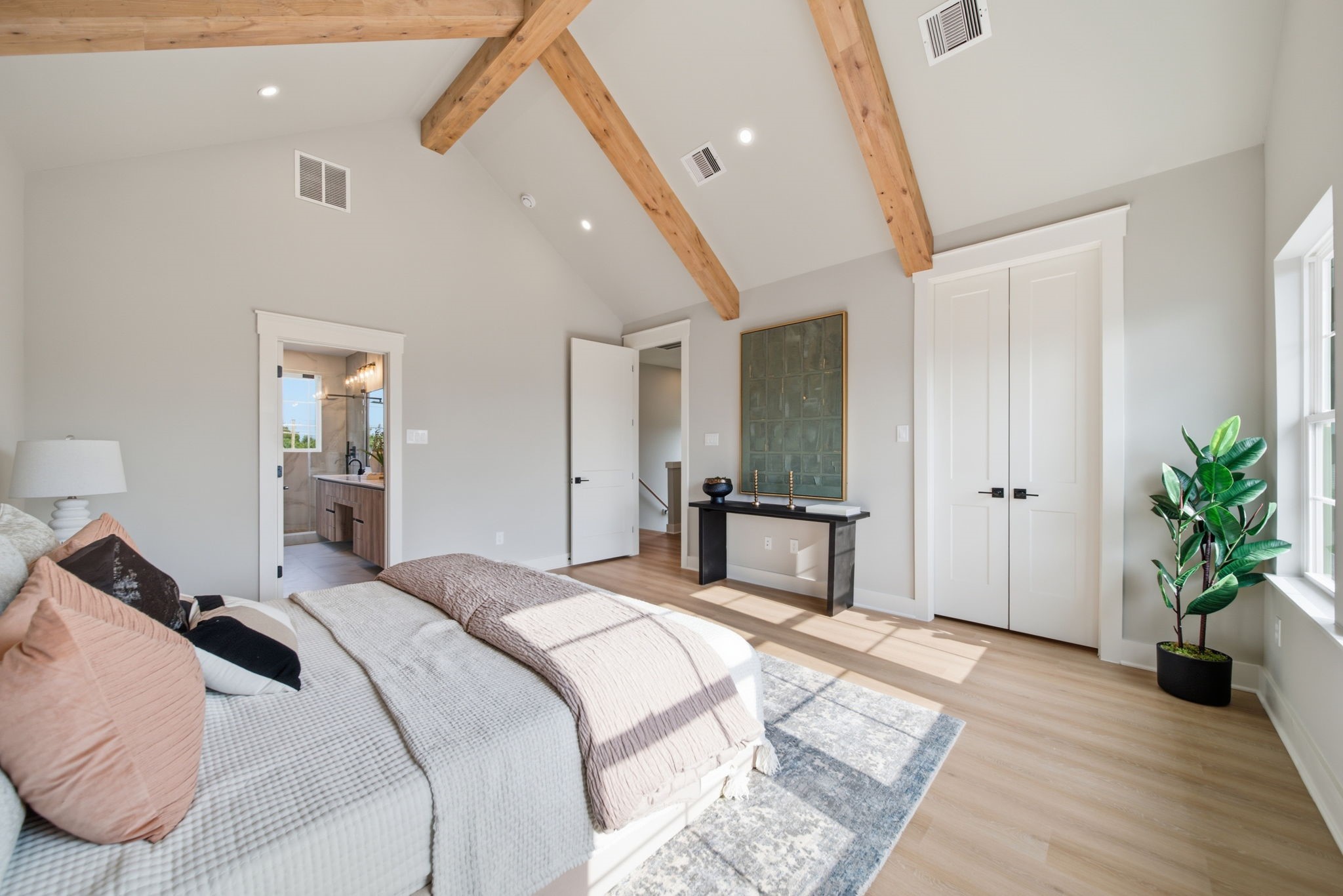 Another view of the primary bedroom with the walk-in closet located in the corner