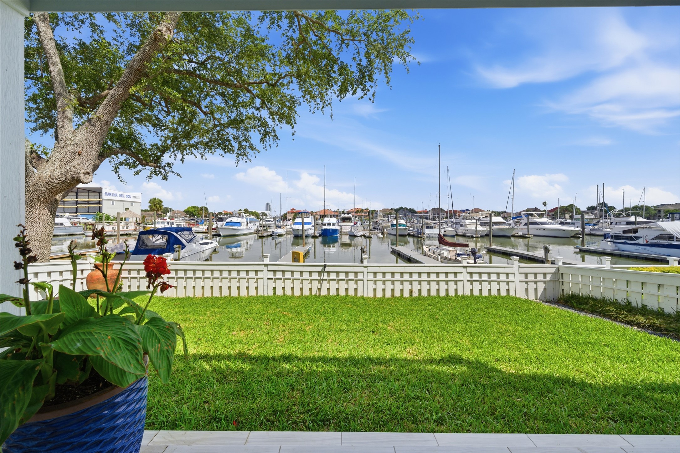 The backyard has new sod and a great marina view.