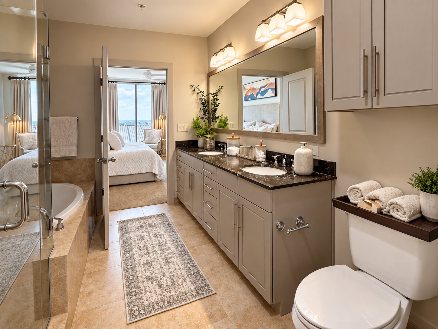 Designed with the ease of a luxury hotel suite, the primary bath offers dual vanities, generous storage and an elegant transition into the bedroom. Warm stone and softly layered lighting make the morning routine feel just a little more indulgent.