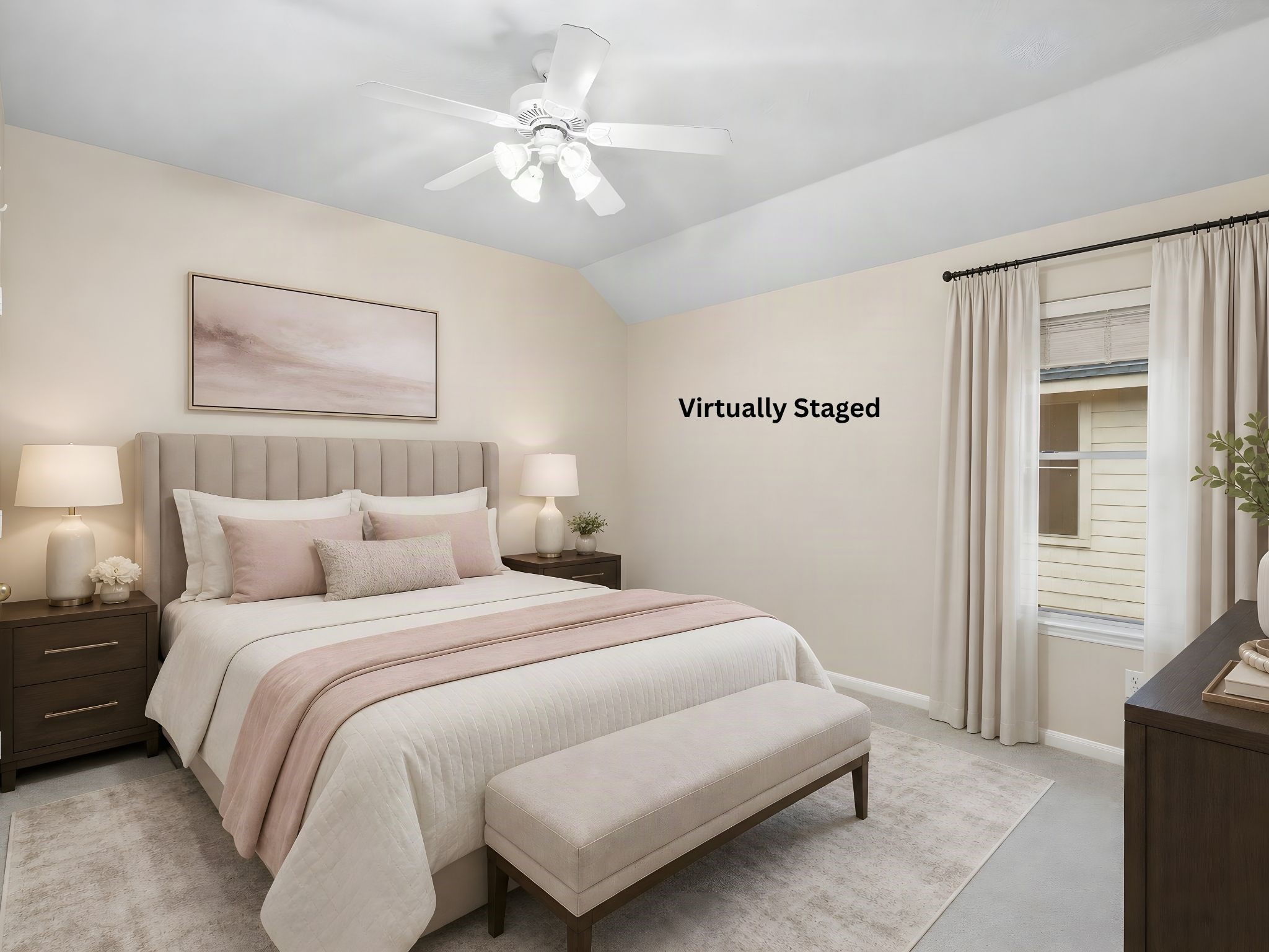 Virtually staged Bedroom 3 illustrates how the room can be personalized into a welcoming bedroom retreat. The staging helps buyers better appreciate the room's usable space and envision how their own furniture and design choices could transform it. Virtual furnishings are not included.
