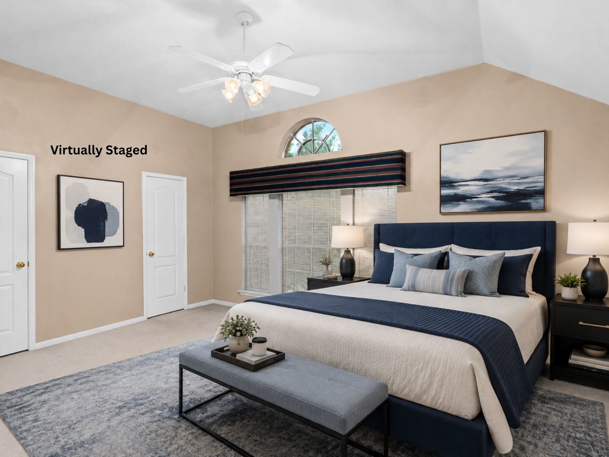 This virtually staged bedroom shows the potential to create a calm, comfortable personal retreat within the existing space. The neutral foundation allows for a wide range of design styles and uses. Virtual staging is intended to demonstrate the room's possibilities; furnishings are not included.