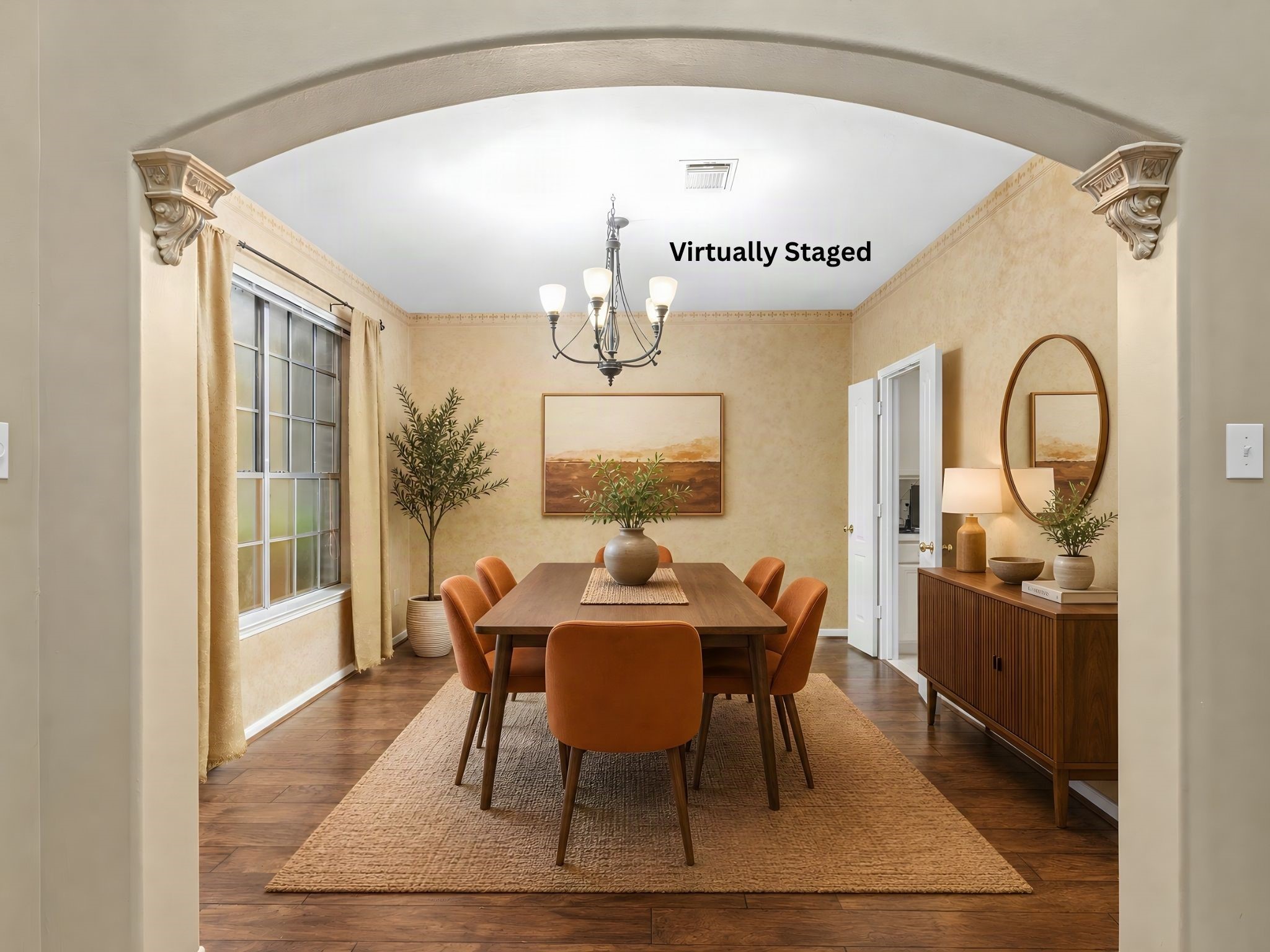 Virtually staged dining room demonstrates how the generous space can be transformed into an inviting gathering area for dinners, celebrations, and everyday family moments. Virtual staging is provided to illustrate the room's potential and scale; furnishings shown are not included.