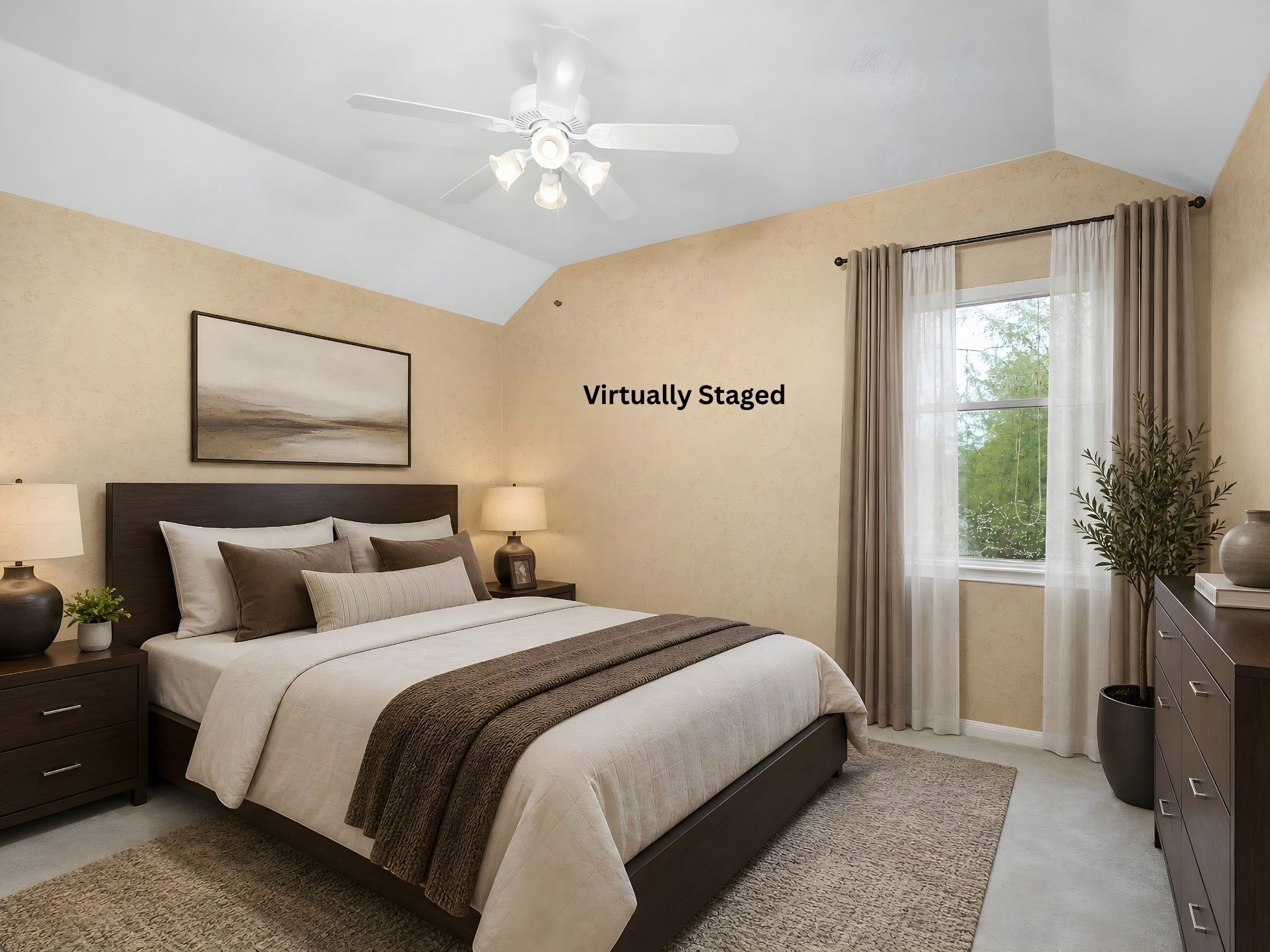 Virtually staged bedroom demonstrates the potential to create a peaceful, comfortable retreat using the room's existing footprint and natural light. The design provides inspiration for buyers while leaving the space open for their own furnishings and personal style. Virtual staging is not representative of included furnishings.