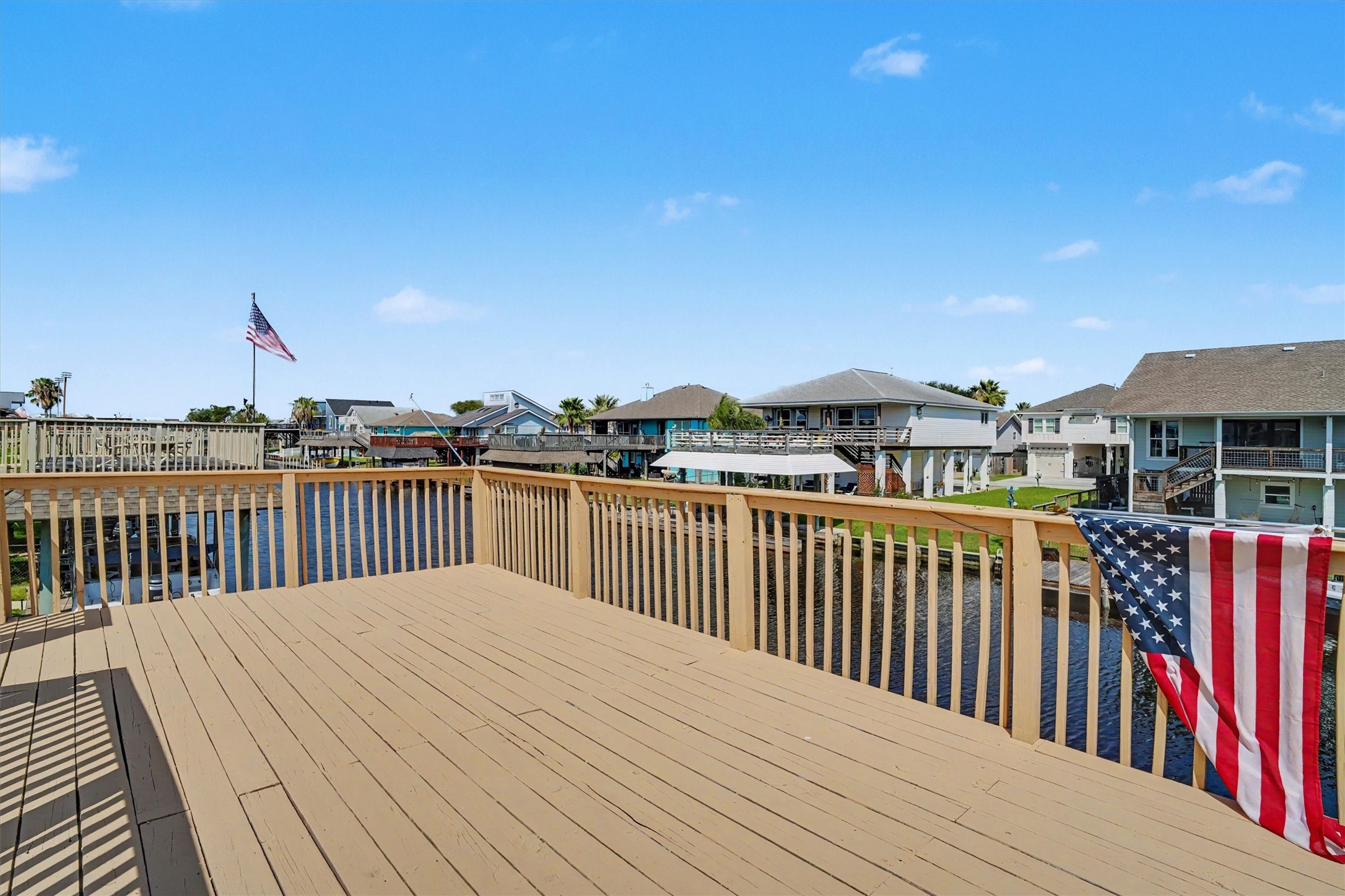 Upper party deck with view of canal towards the boating exit