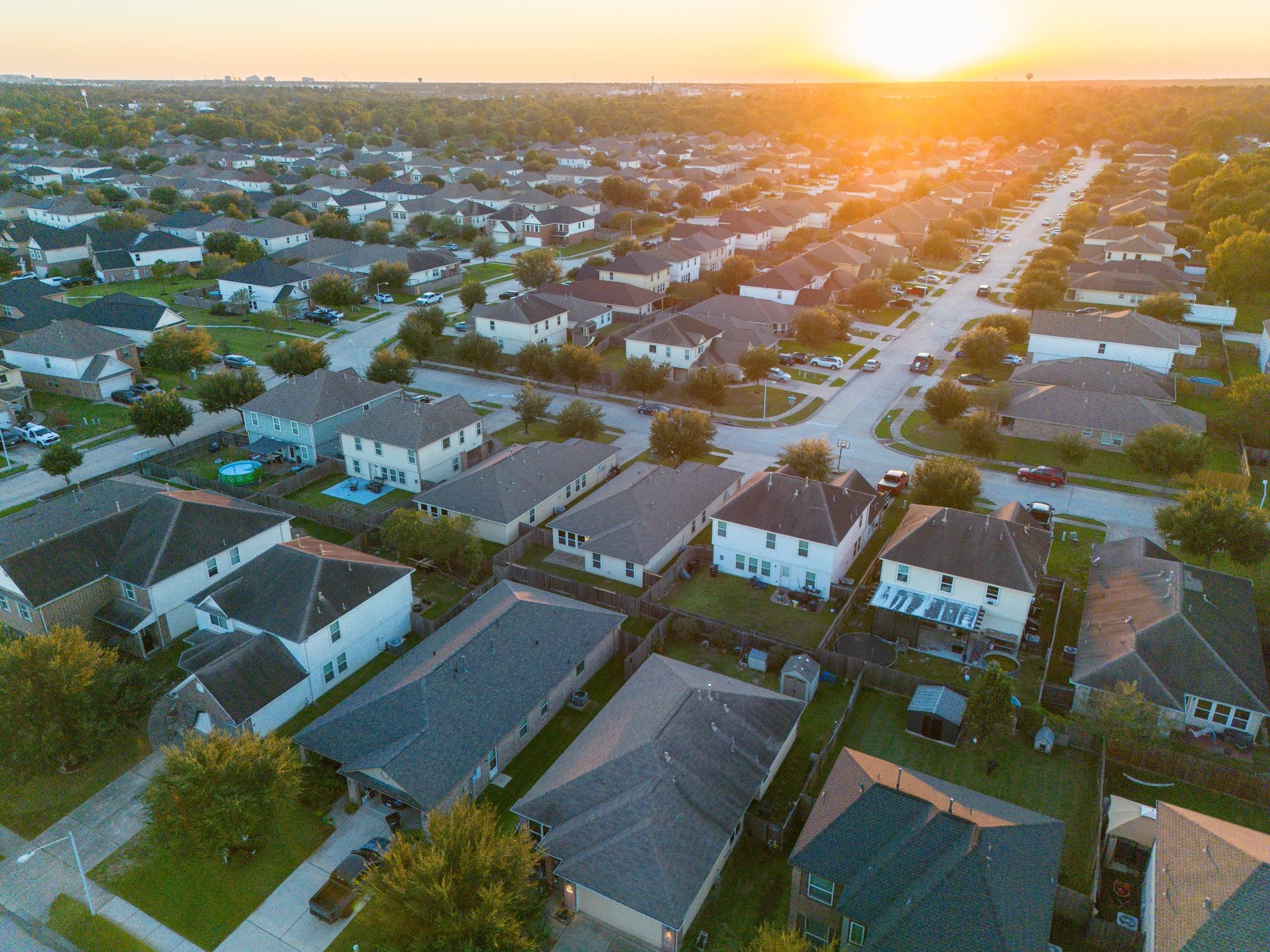 Aerial, neighborhood sunset