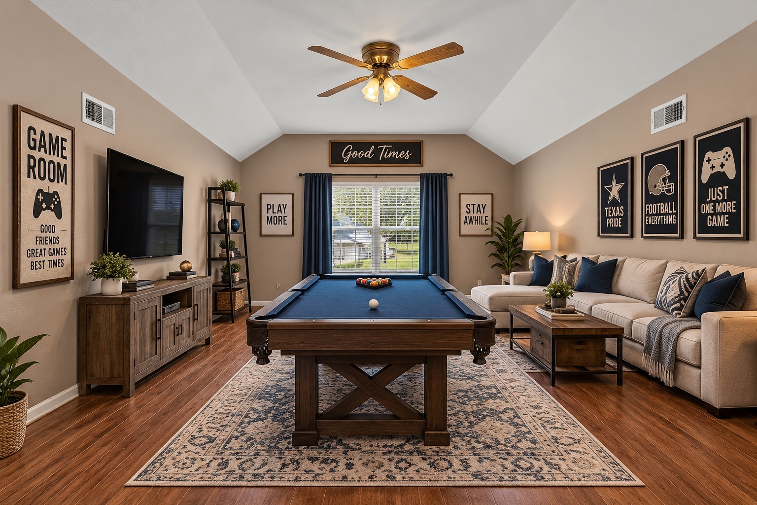 Virtually staged game room/loft area.