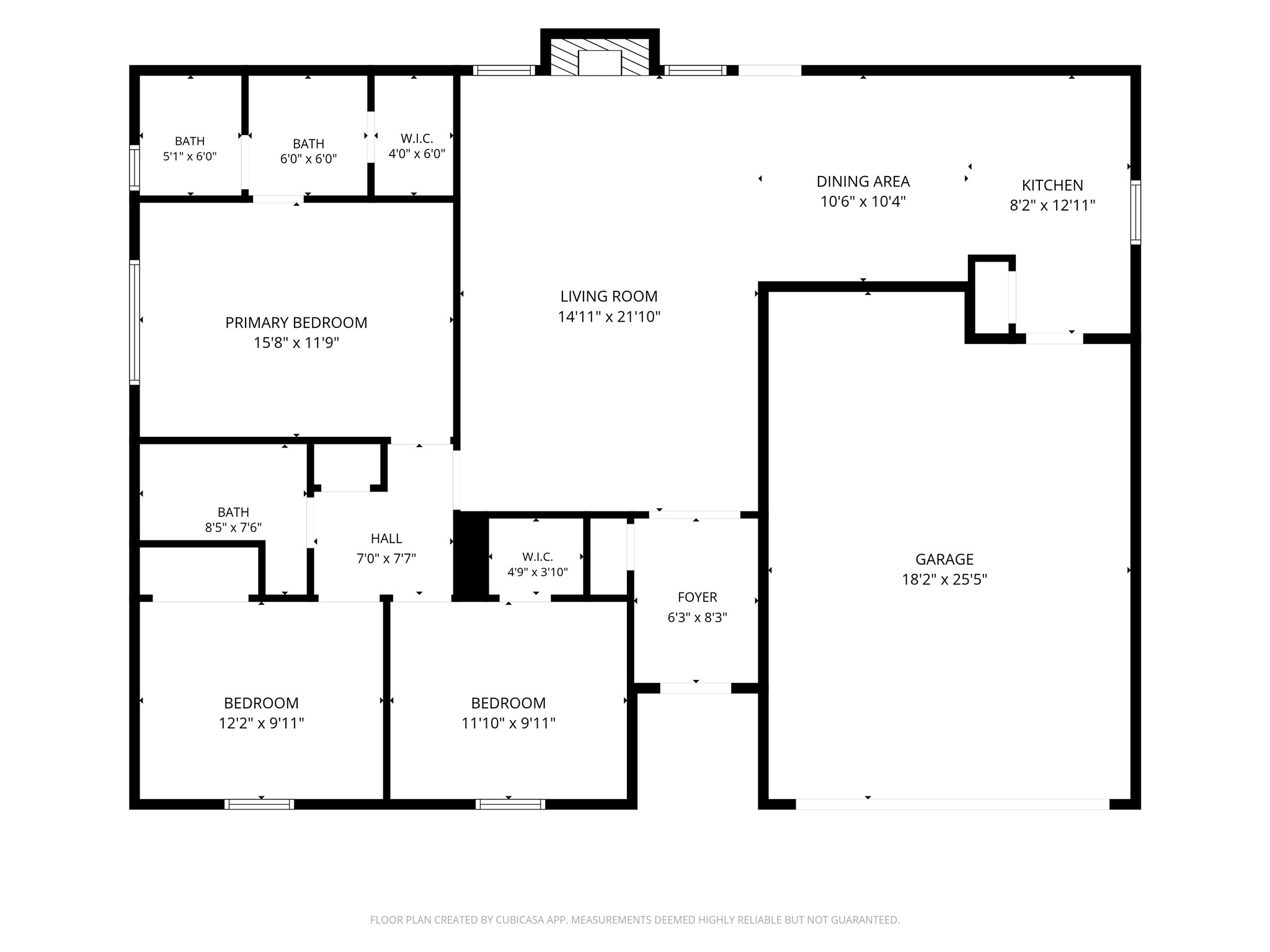 Floor plan with room dimensions: single story with 3 bedrooms, 2 baths, open living and dining, and an attached two-car garage.