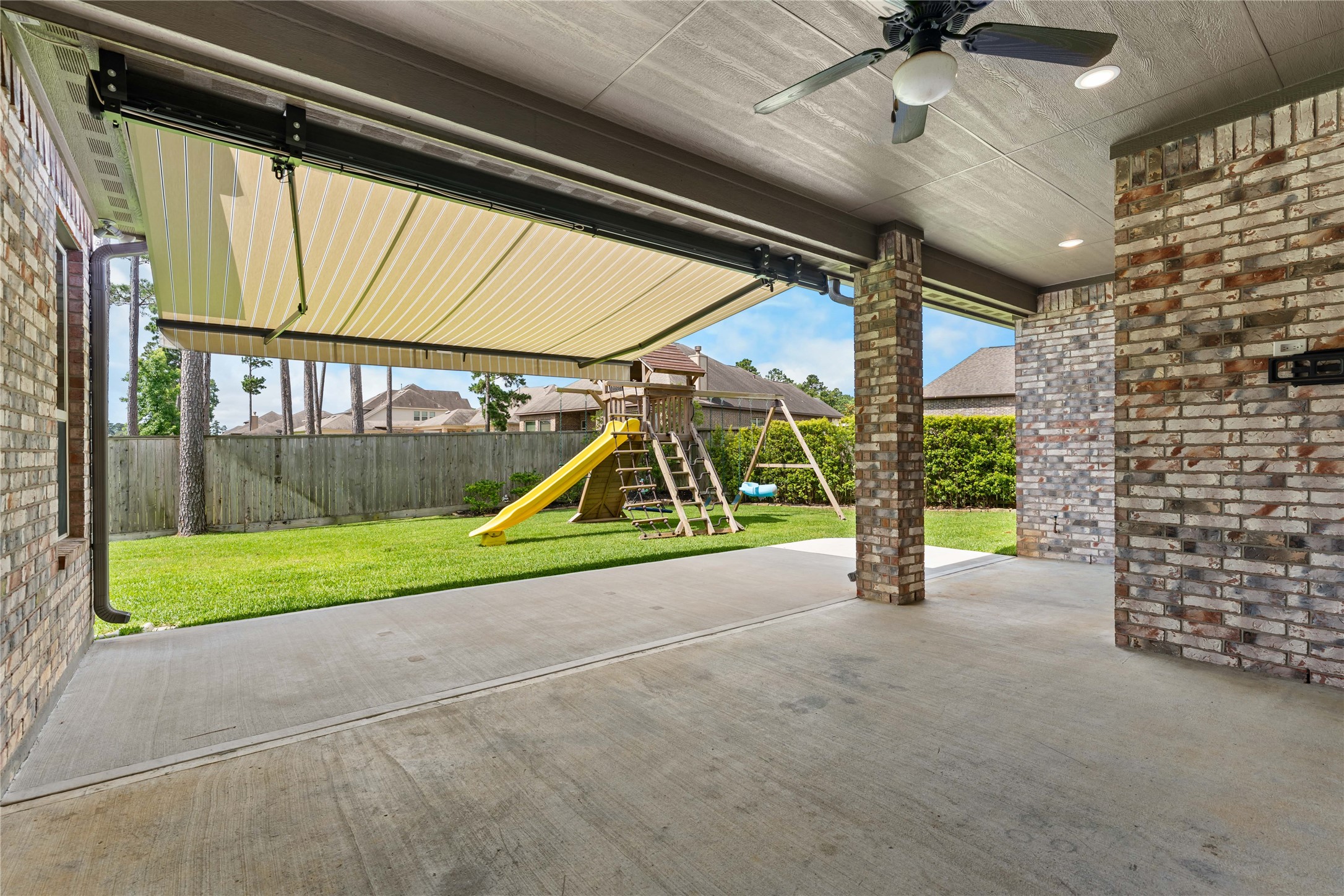 Retractable awning featured