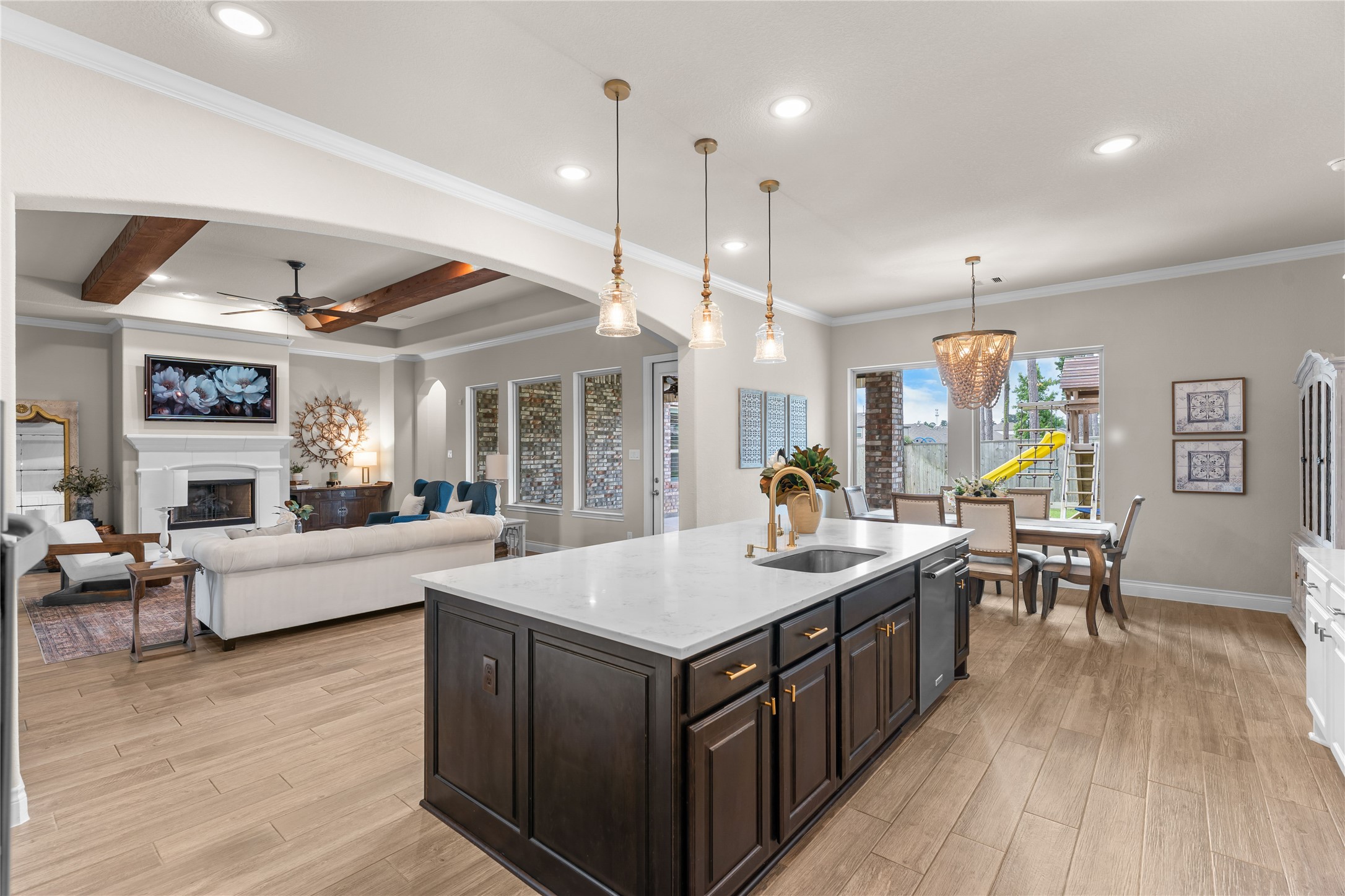 Spacious kitchen seamlessly connected to the main living and dining areas