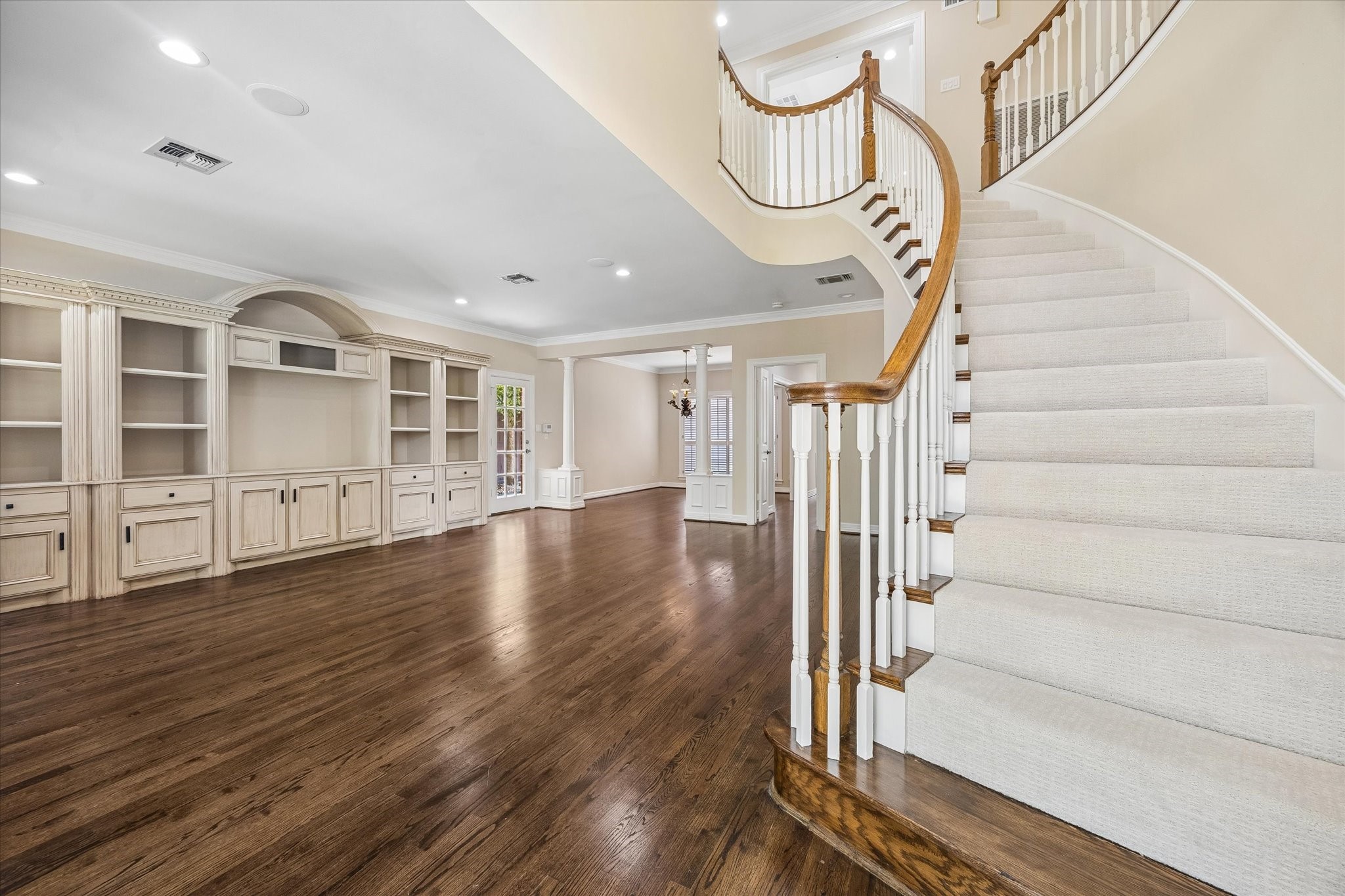 Staircase with view of Family Room