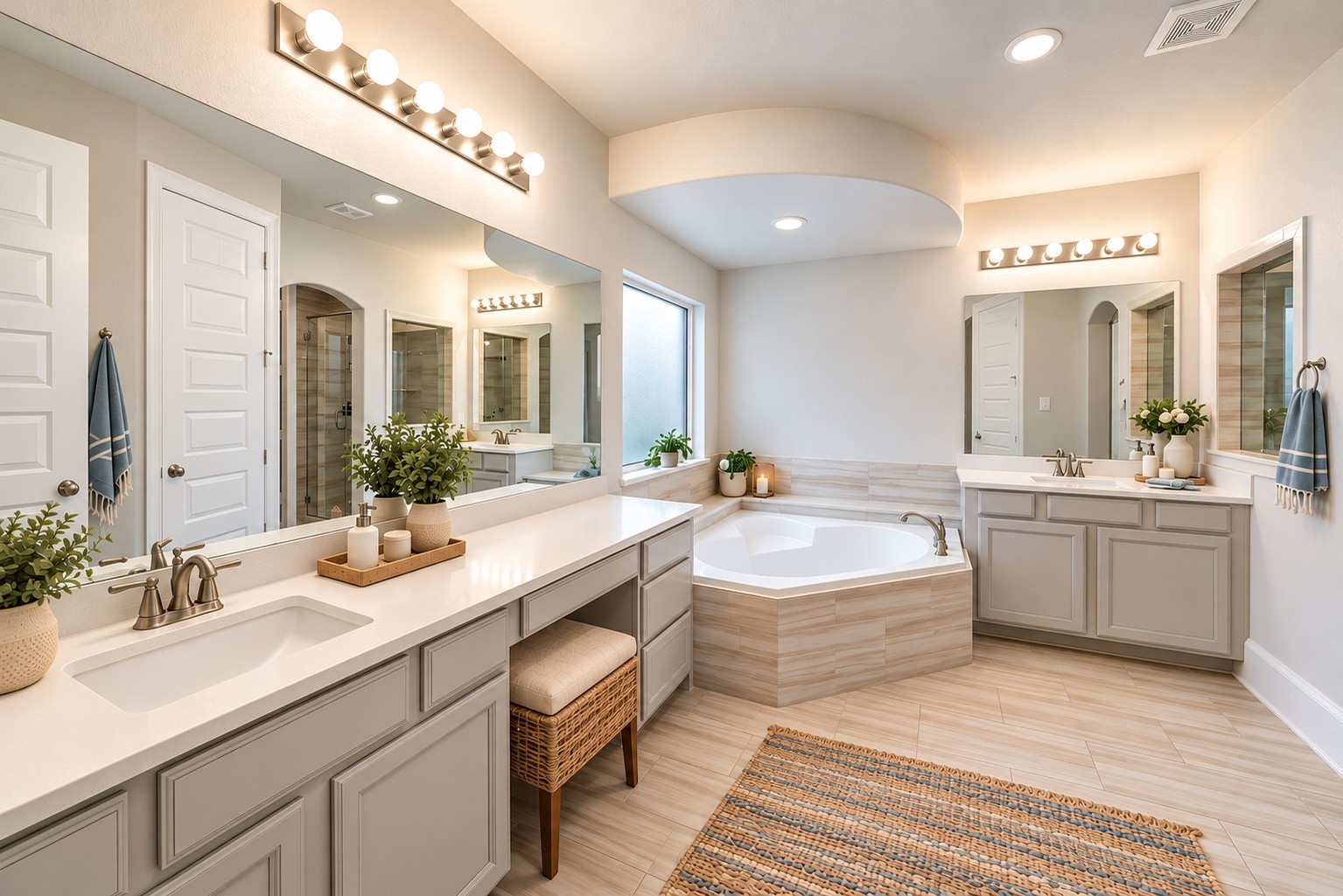 The primary en-suite is spacious with dual vanities, and offers a garden tub and walk in modern style shower.
