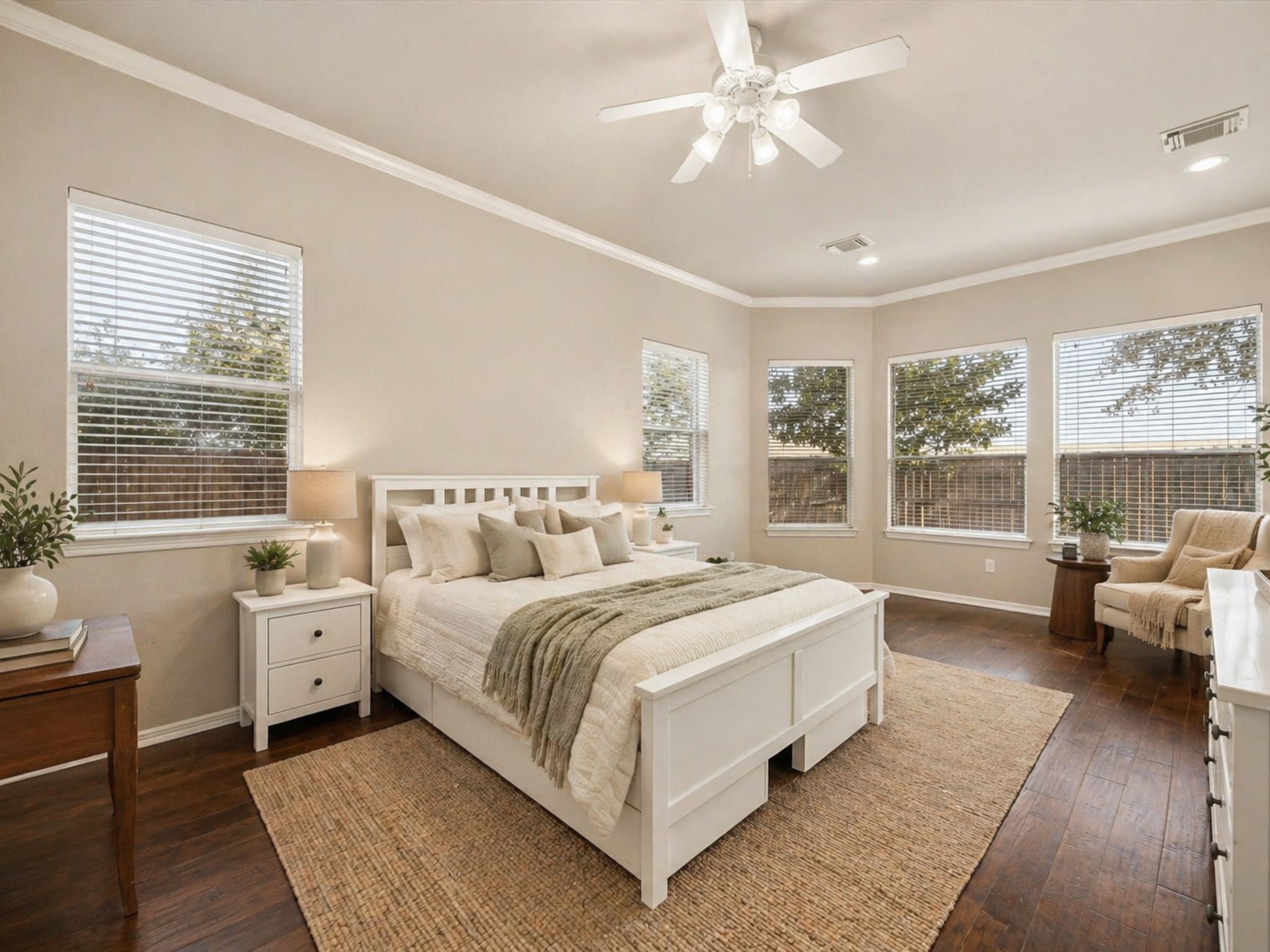 SPACIOUS PRIMARY SUITE WITH GORGEOUS FLOORS AND DIRECT ACCESS TO A PRIVATE BALCONY OVERLOOKING THE BACKYARD AND GREENSPACE. A PEACEFUL AND PRIVATE RETREAT. **Virtually Staged.
