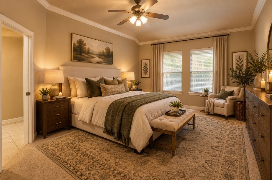 Primary bedroom with ceiling fan, carpet and 2 bright windows overlooking the yard.